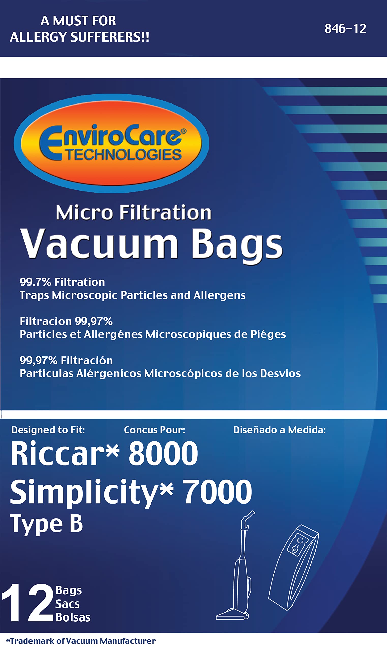 12 Pack Riccar 8000 & Simplicity 7000 Type B Vacuum Bags - Compatible with Upright & Commercial Vacuum Cleaners (Models 7000-7950) - Premium Filtration for Home, Office & Commercial Cleaning