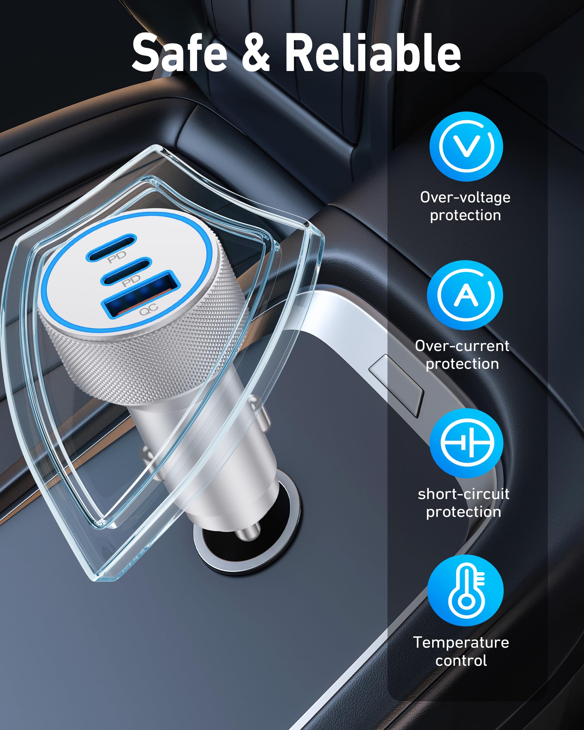 3-in-1 67W Fast Car Charger for iPhone - Dual USB C & USB A Ports with 2Pack USB-C & Lightning Cables - Compatible with iPhone 16/16 Pro Max/15/15 Pro/14/13/12 & iPad - Perfect for Road Trips & Daily Commutes