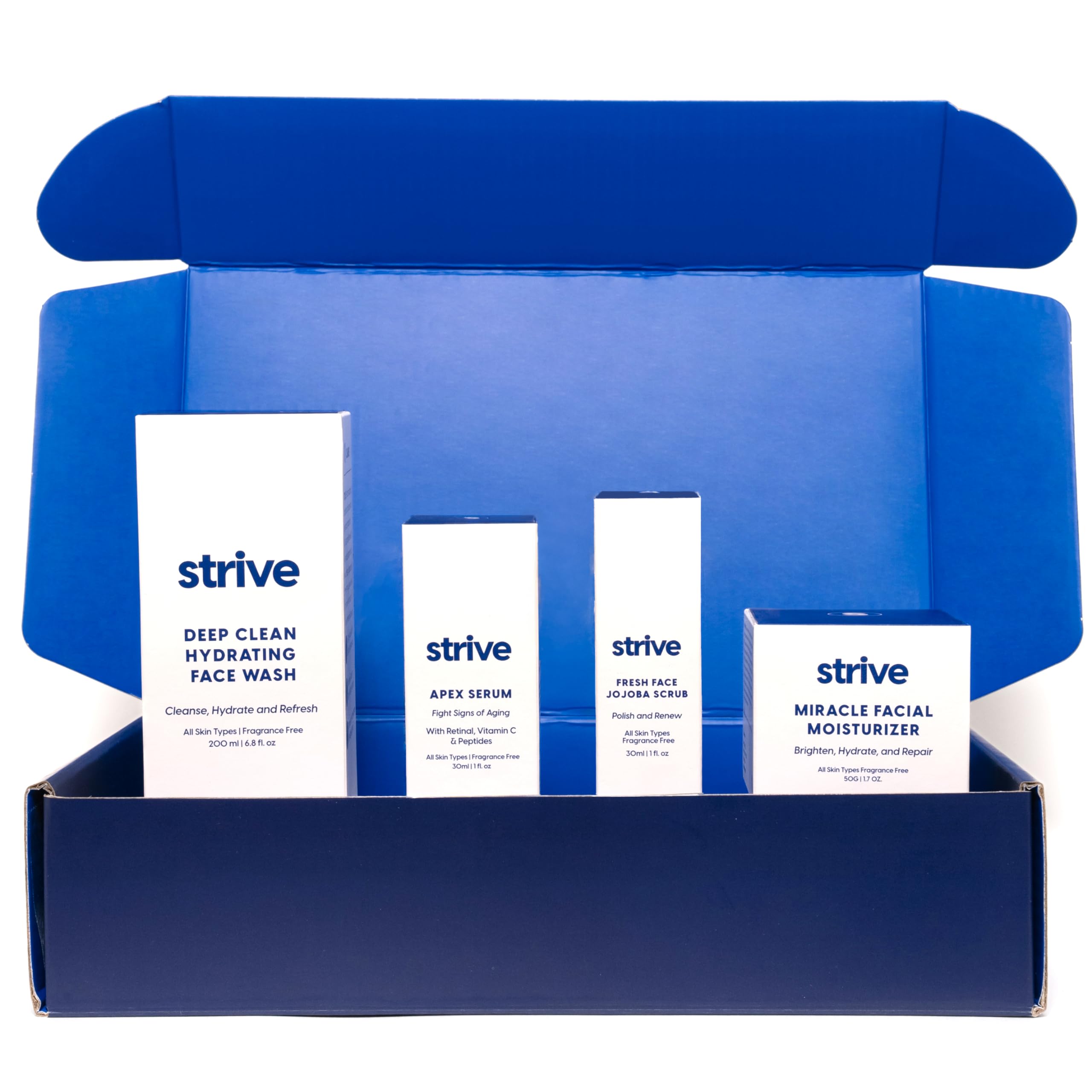 Strive Apex Anti-Aging Skincare Set - Fragrance Free Face Wash, Scrub, Moisturizer & Serum with Peptides, Retinal, Vitamin C & Niacinamide - Fights Dark Circles & Dullness for All Skin Types | Daily Skincare Routine for Youthful Glow