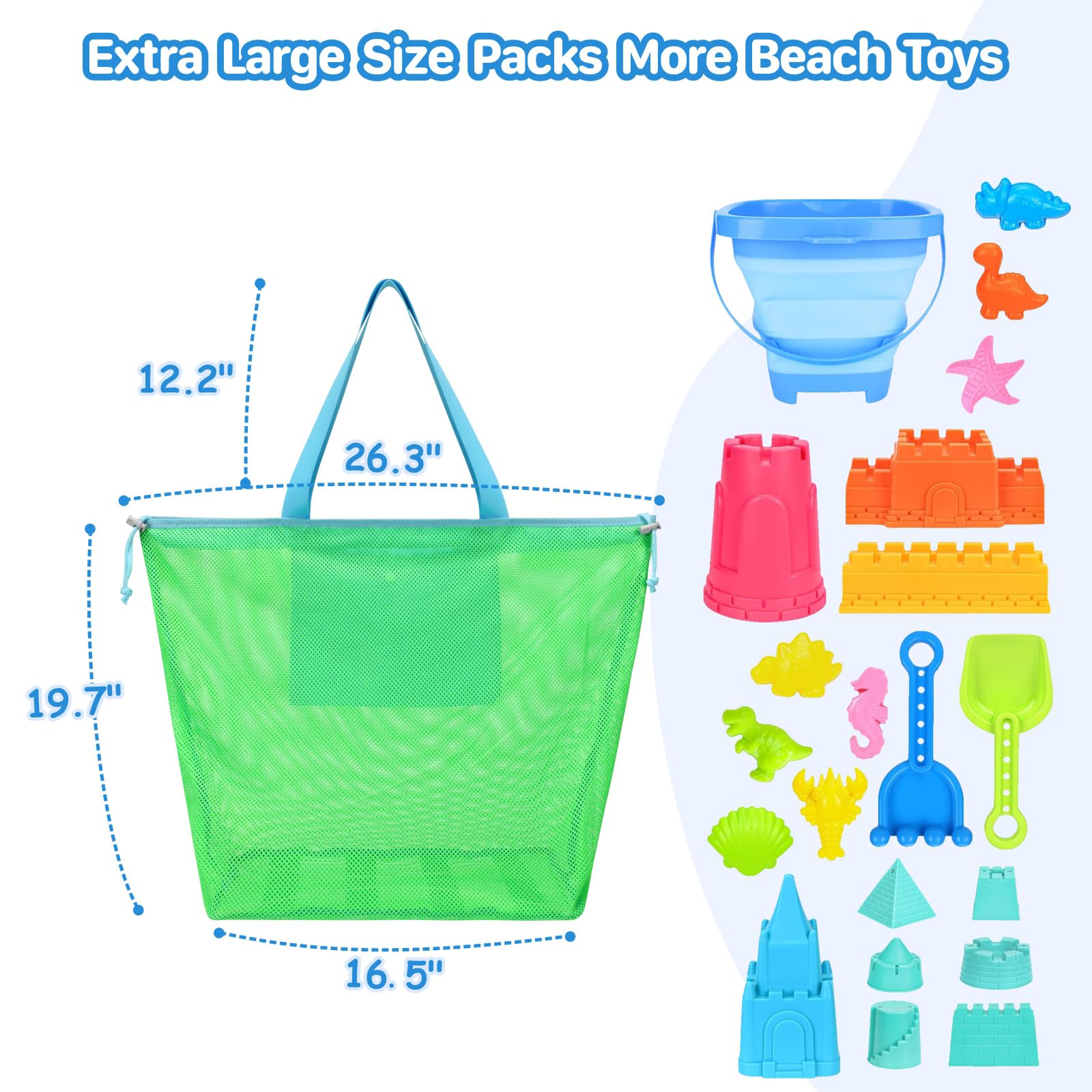 Extra Large Mesh Beach Toy Bag With Drawstring - Lightweight Sand Toy Storage Tote for Kids, Travel Essentials Organizer for Pool, Park & Vacation - Neon Green