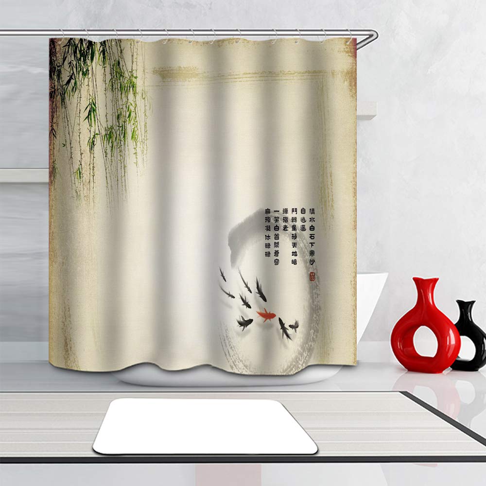 Goldfish Swimming Under Willow Trees Waterproof Shower Curtain - 72x78 Inch Durable Fabric Bathroom Decor with Hooks | Chinese Inspired Pond Design for Spa, Zen & Modern Bathroom Themes