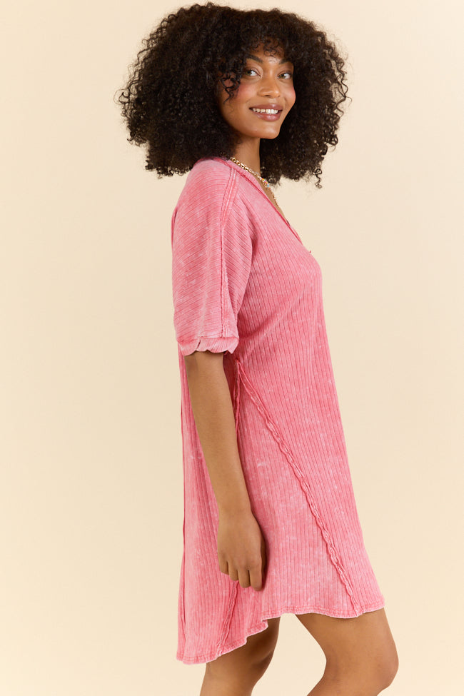 Hot Pink Acid Wash Knit Dress - High Temperature Resistant, Summer Casual & Party Wear - Women's Fashion Dress for Beach, Vacation & Night Out