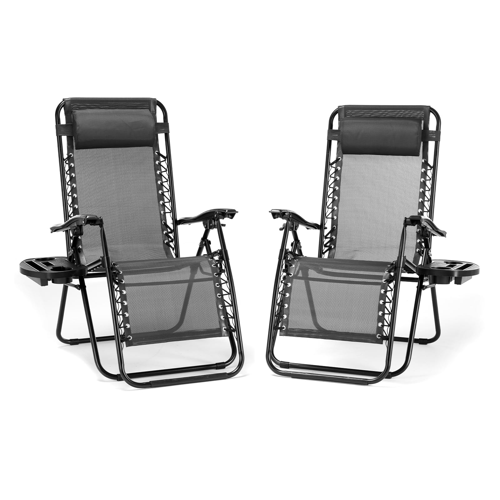 2 Pack Zero Gravity Lounge Chairs - Adjustable Ergonomic Recliners with Sturdy Steel Frame & Breathable Mesh Support - Outdoor Patio Folding Chairs for Pool, Beach, Backyard & Garden Relaxation - Includes Pillow & Cup Holder (Classic Black)