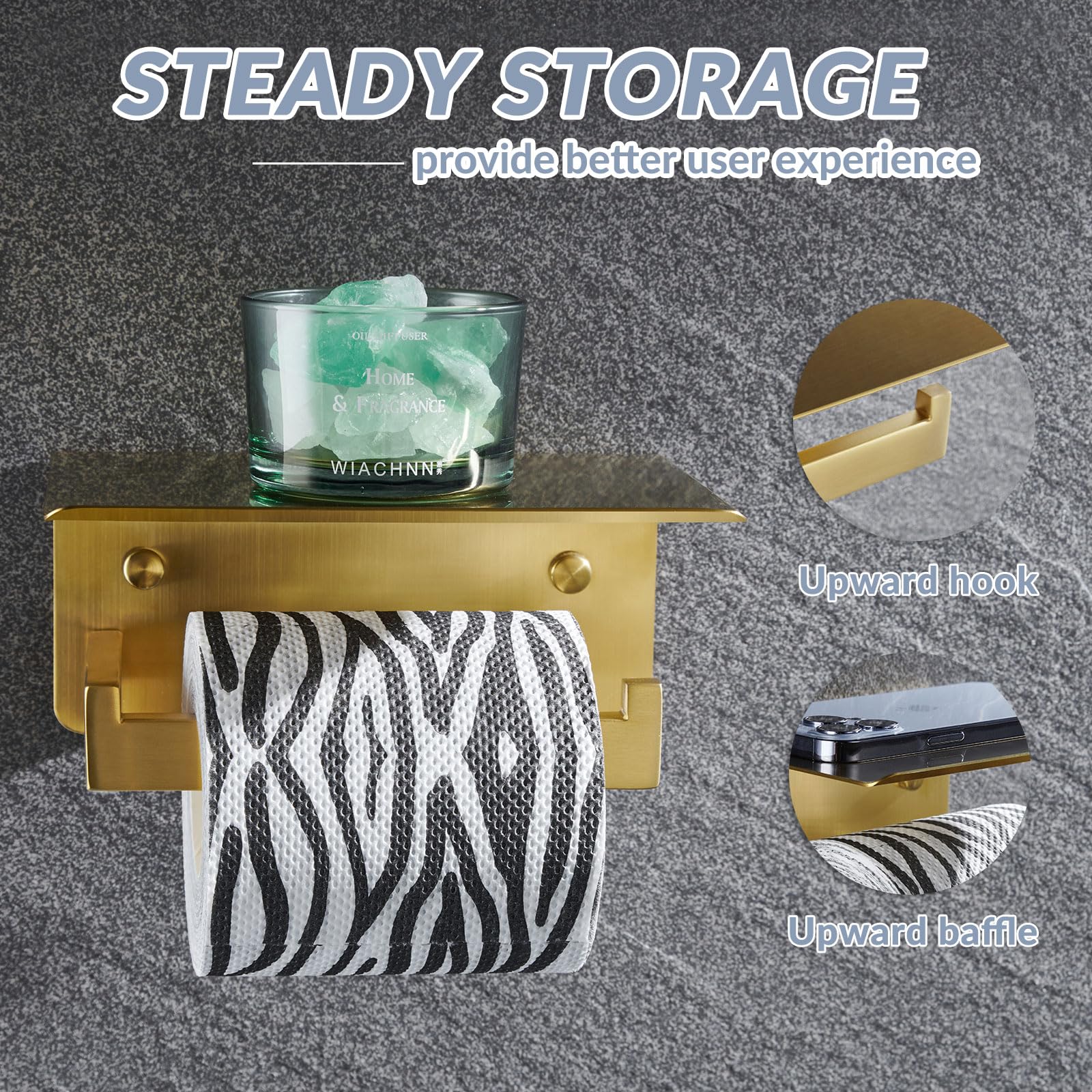 Modern Brushed Gold Toilet Paper Holder with Shelf - APLusee SUS 304 Stainless Steel Bathroom Tissue Roll Dispenser & Storage Organizer - Perfect for Contemporary Bathrooms, Powder Rooms, and Guest Baths