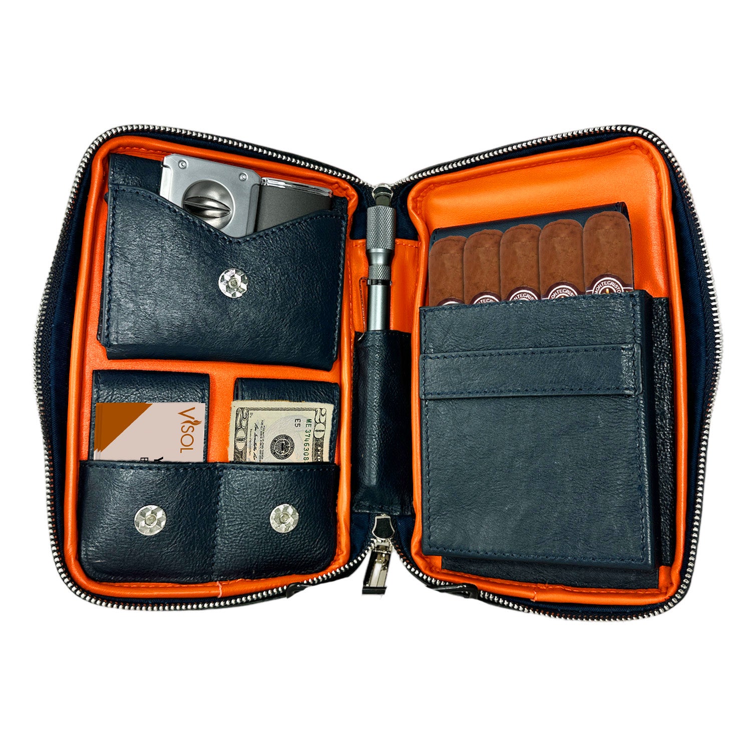 Premium Visol Peter James Genuine Leather Navy Blue Travel Cigar Case - Perfect for Business Travel, Gifts & Outdoor Adventures