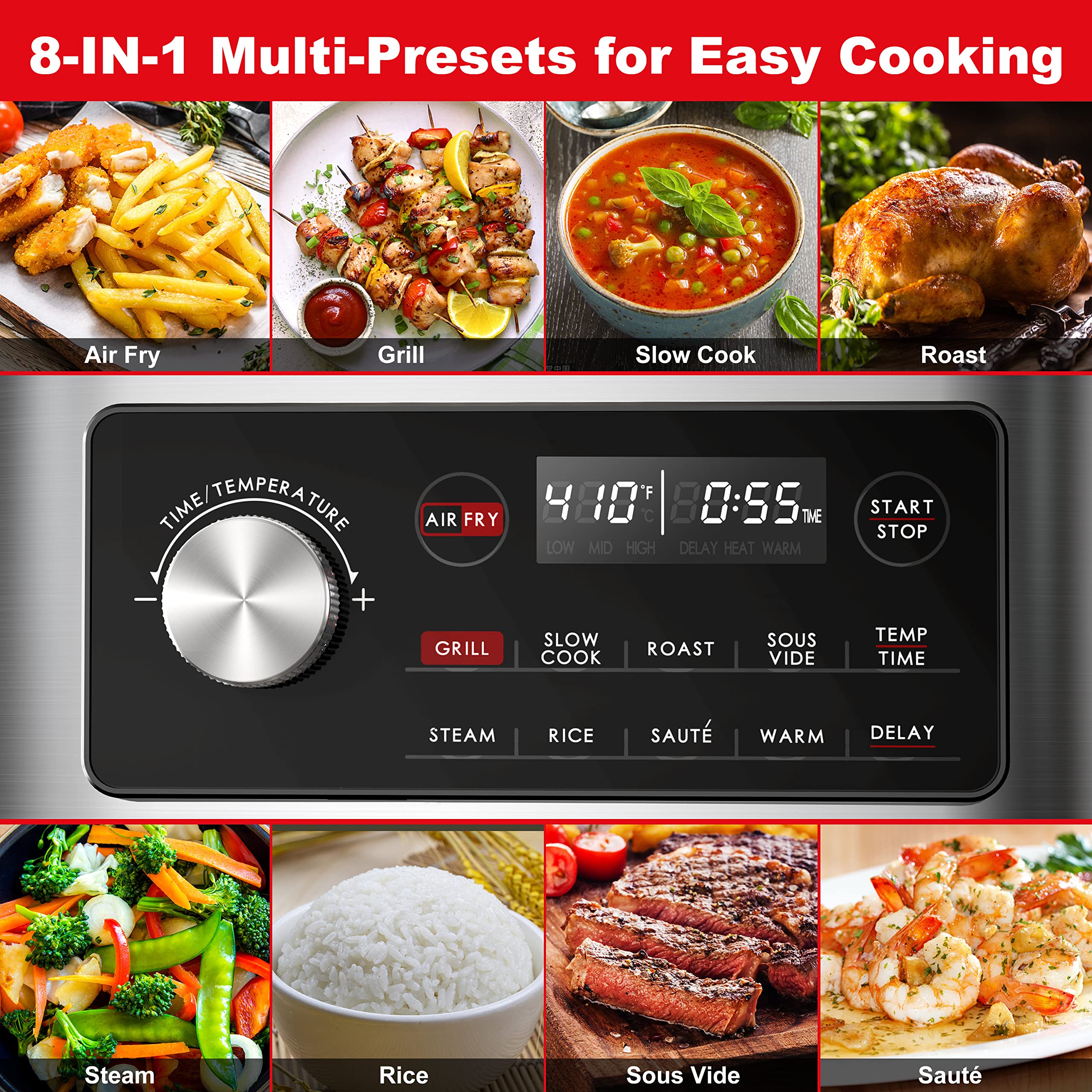 Galanz 8-in-1 Multi Cooker with Air Fry, Sous Vide, Rice Cooker, Sauté, Slow Cooker, Steamer, Roaster & Grill - 8 QT Removable Nonstick Pot, 8 Preset Programs, Stainless Steel - Perfect for Family Meals, Meal Prep & Healthy Cooking