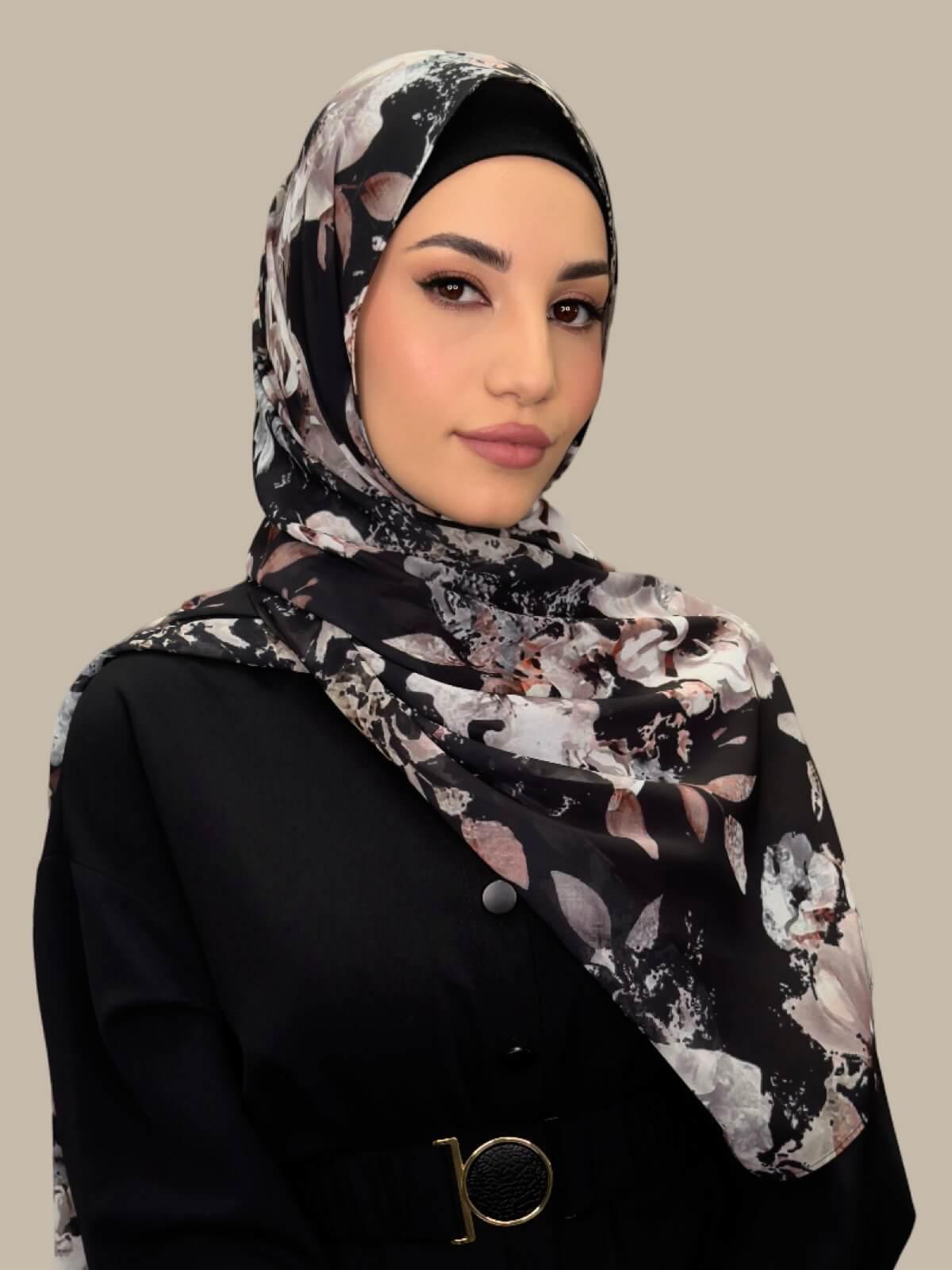 Printed Chiffon Hijab Fleurette Slate II - Lightweight Muslim Scarf for Women - Perfect for Daily Wear, Prayer, and Special Occasions