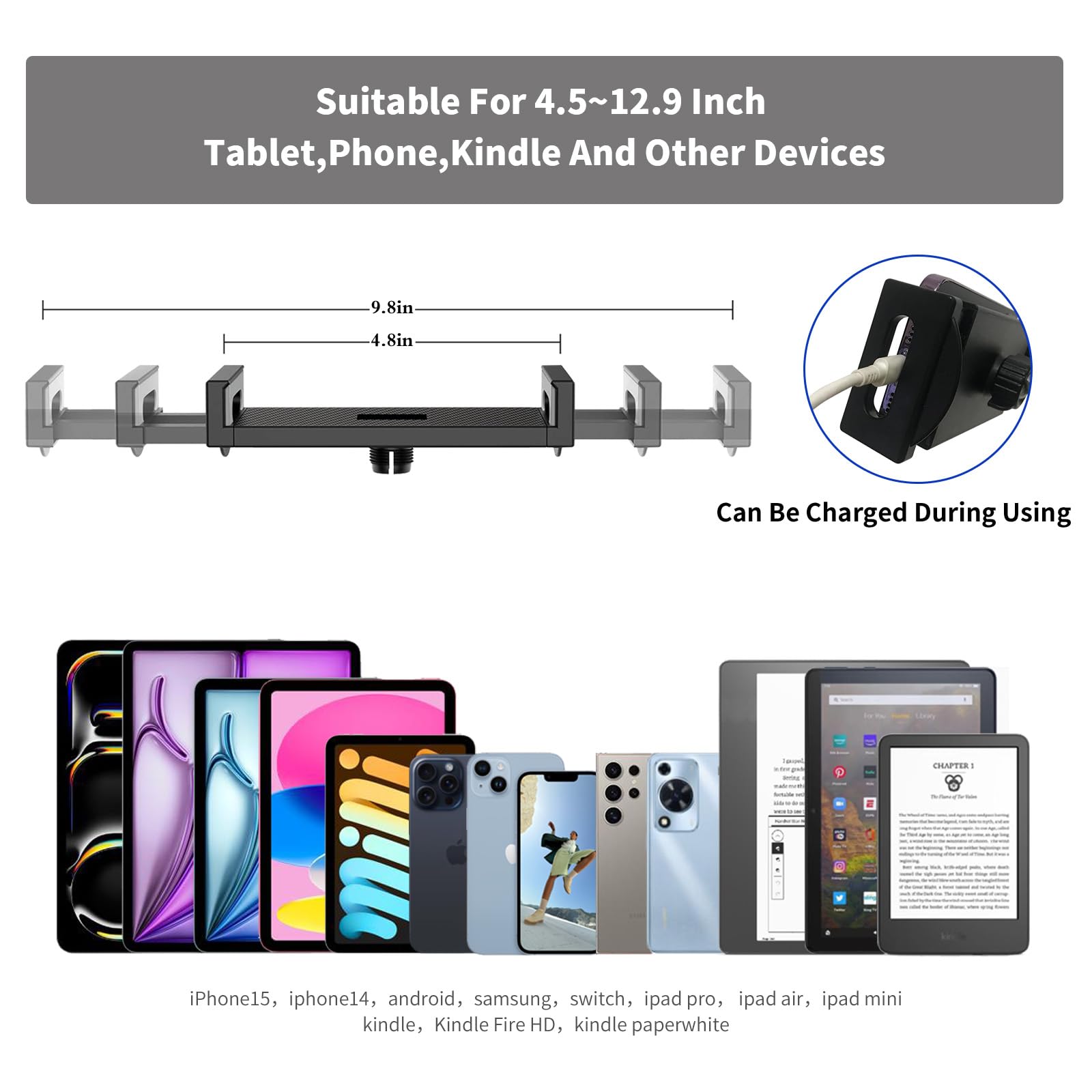 Flexible Tablet Stand Holder for Bed - Adjustable Arm Mount for Kindle, iPad Mini, iPhone, Nintendo Switch & 4.5-12.9