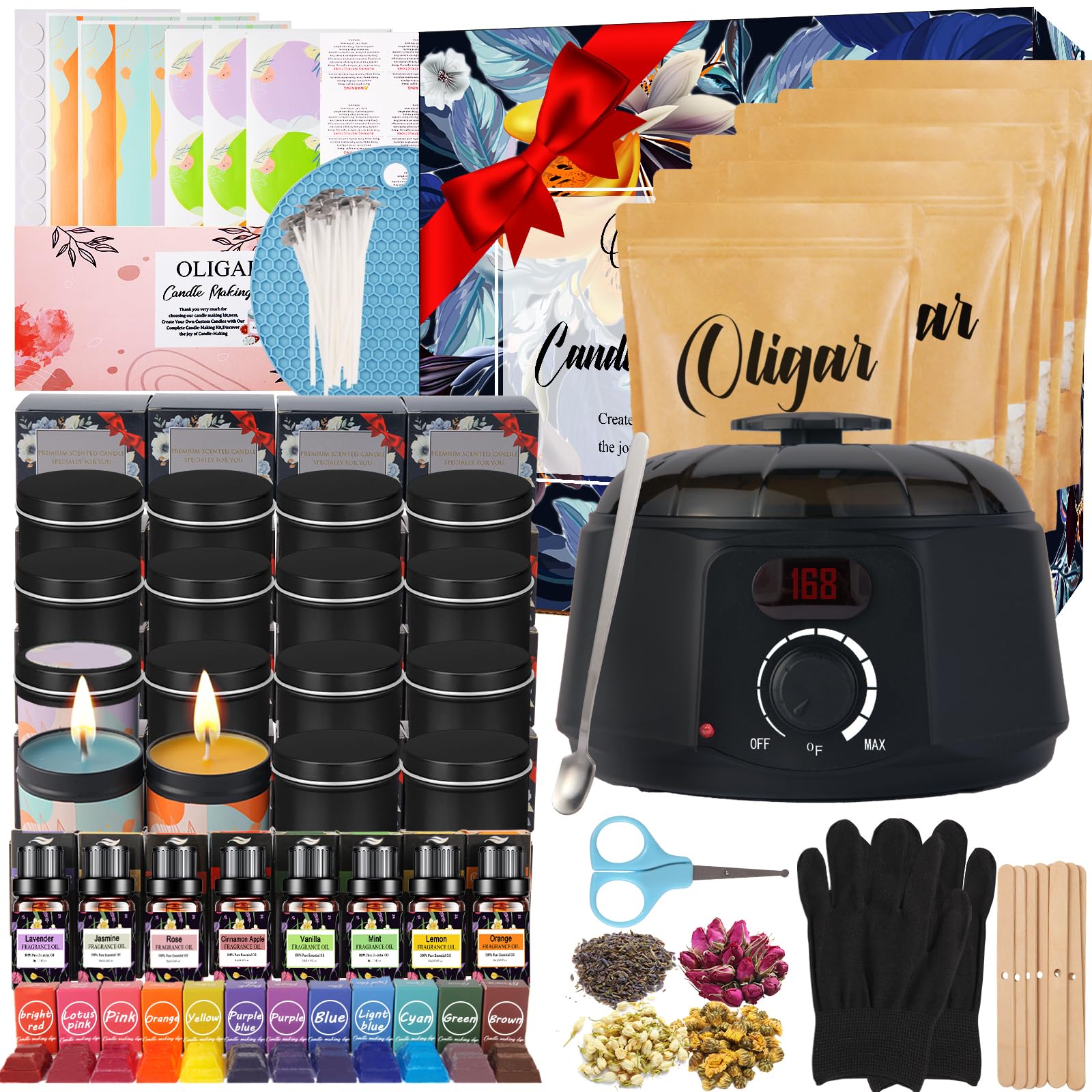 Oligar Complete DIY Candle Making Kit for Adults & Beginners - Includes Beeswax, Wicks, Dyes, Melting Pot, Scents, Spoon, Jars & Accessories - Perfect for Home Decor, Gifts & Relaxation