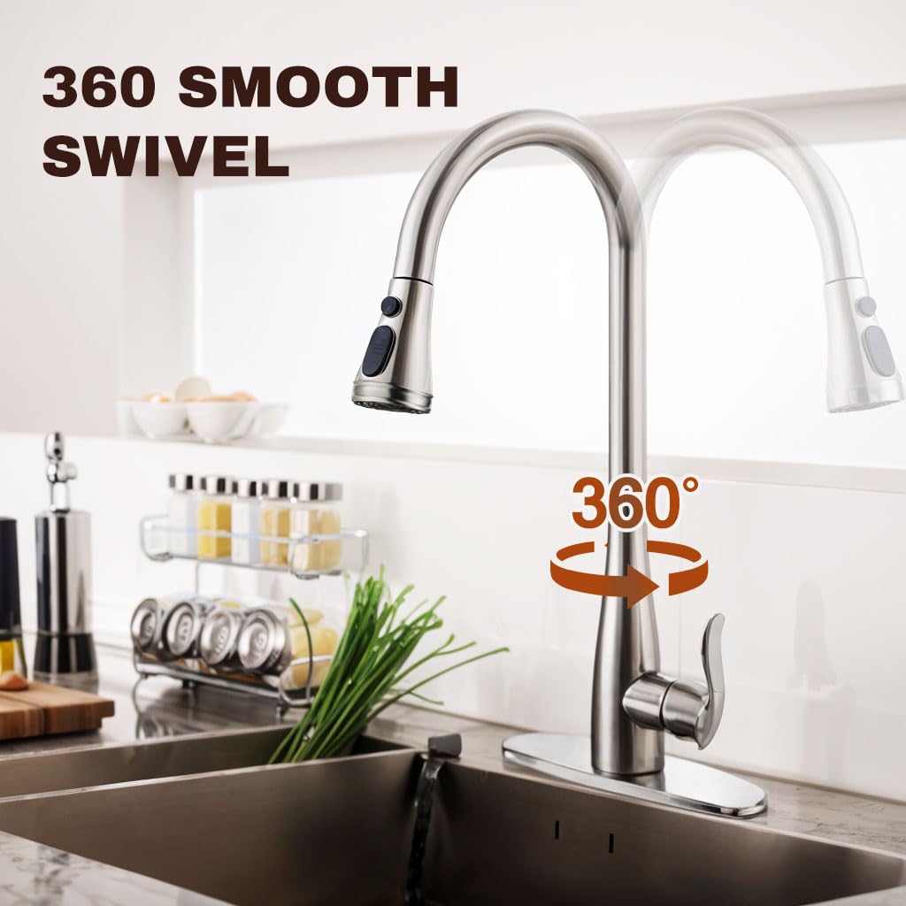 Touchless Kitchen Faucet with Pull Down Sprayer - Brushed Nickel Single Handle Motion Sensor Faucet for Sink, 3-Function (Stream/Spray/Pause) - Fits 1 or 3 Holes, Stainless Steel Construction - Perfect for Modern Kitchens & Busy Home Chefs