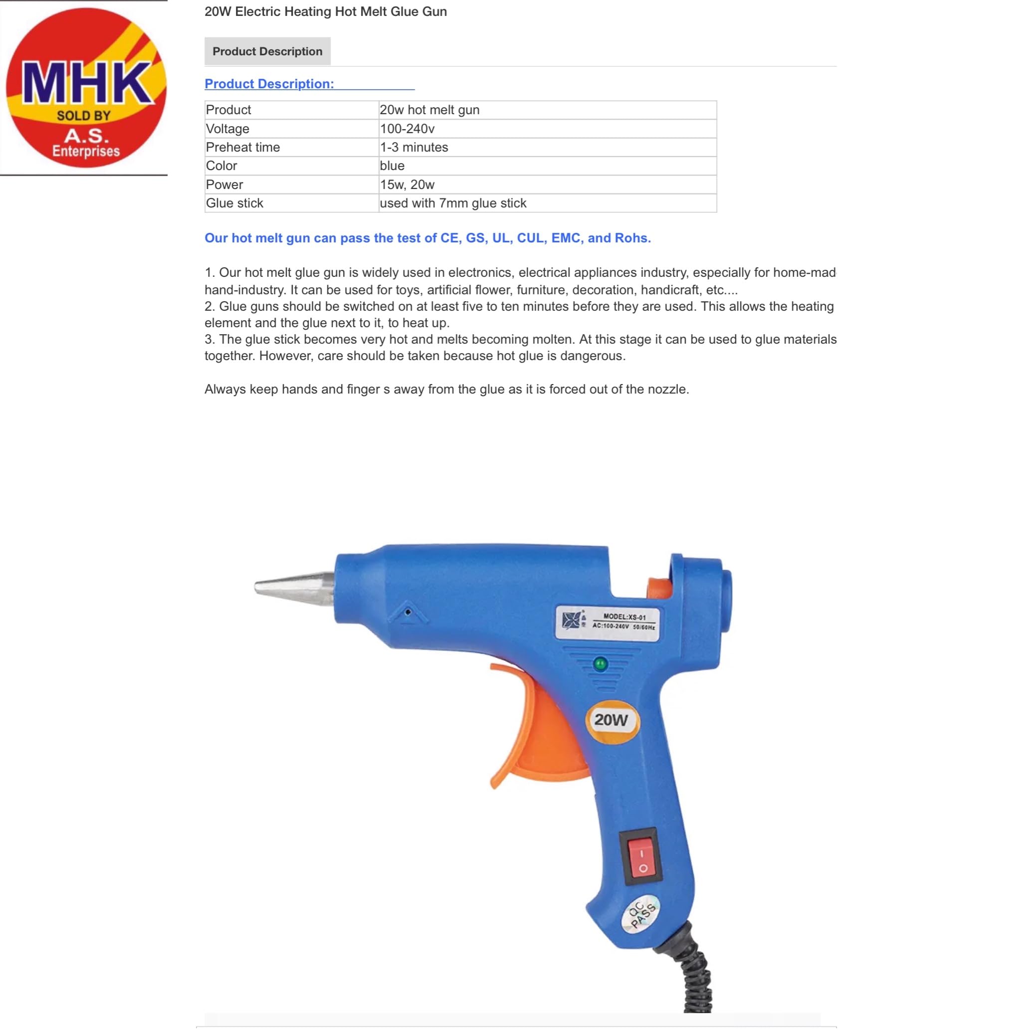 A.S Enterprises 20W 7mm Hot Melt Glue Gun with ON/OFF Switch & LED Indicator - Corded Electric Glue Gun in Blue/Black (Includes 10 Free Transparent Glue Sticks) for DIY Crafts, Home Repairs, Woodworking, and School Projects