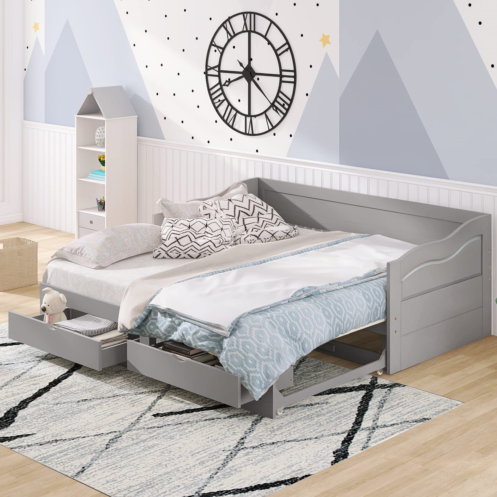 TYMMC Wooden Daybed with Trundle Bed & 2 Storage Drawers - Convertible Sofa Bed for Bedroom & Living Room - Extendable Guest Bed with Dual-Use Design - Sturdy Gray Daybed for Small Spaces & Sleepovers