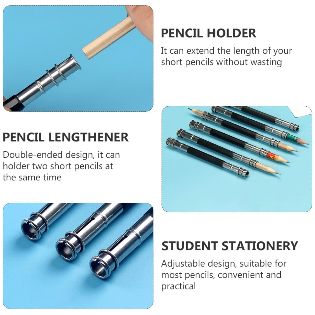 Cabilock 2 Sets Stainless Steel Pencil Extender - 20 Pcs School & Office Supplies for Extending Short Pencils - Perfect for Students, Artists & Professionals