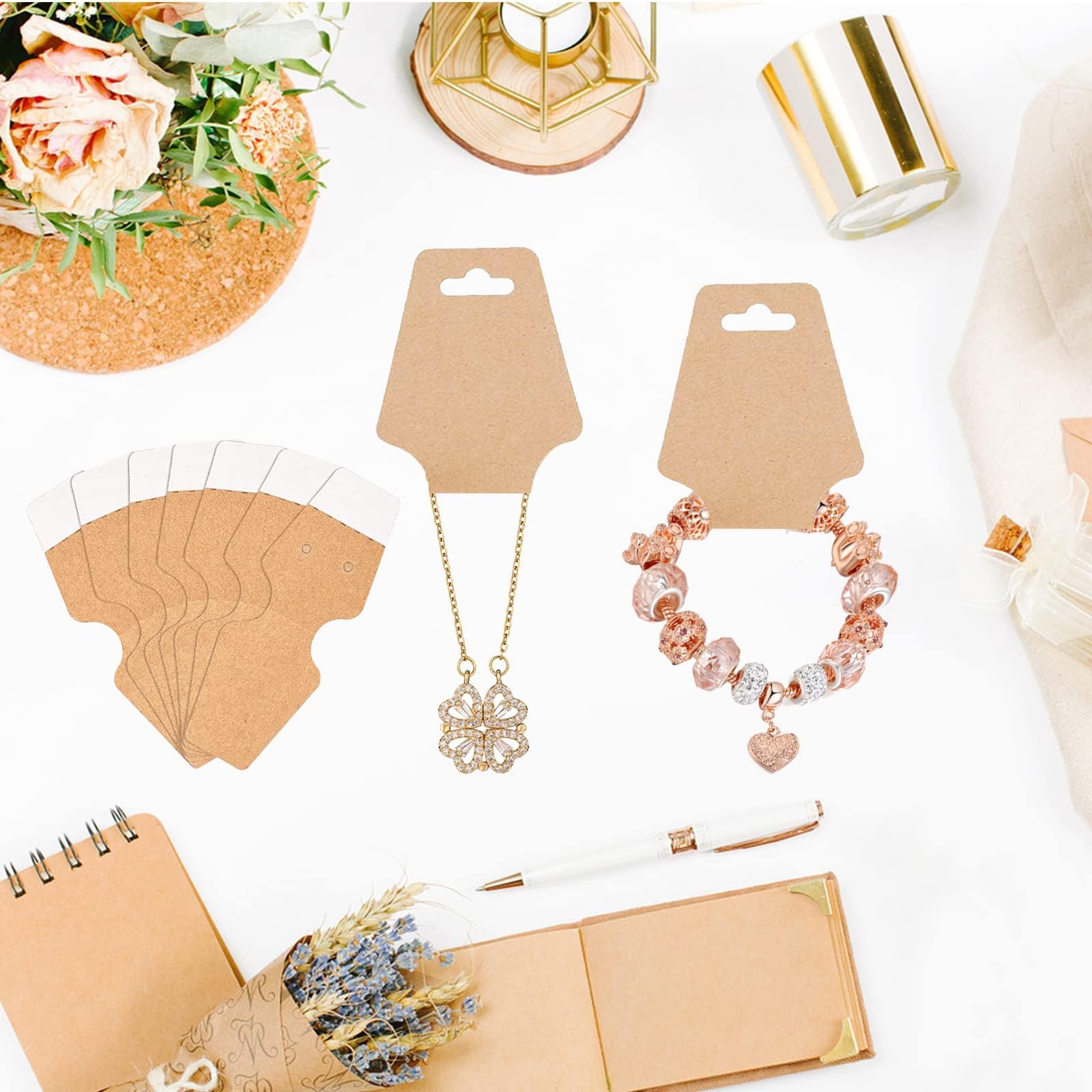 200 Pcs Kraft Paper Necklace Display Cards with Adhesive - Thick Jewelry Display Cards for Bracelets & Keychains - Perfect for Retail Stores, Craft Shows & Online Jewelry Businesses