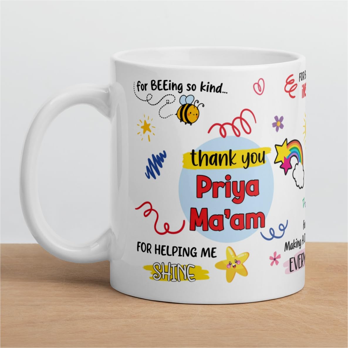 Personalized Teacher Mug - Custom Name Coffee Cup - 11oz Ceramic Tea Cup Gift for Educators - Best Thank You Present for Teachers (Ma'am/Sir) - Perfect for Classroom, Office or Retirement Celebration - 325ml