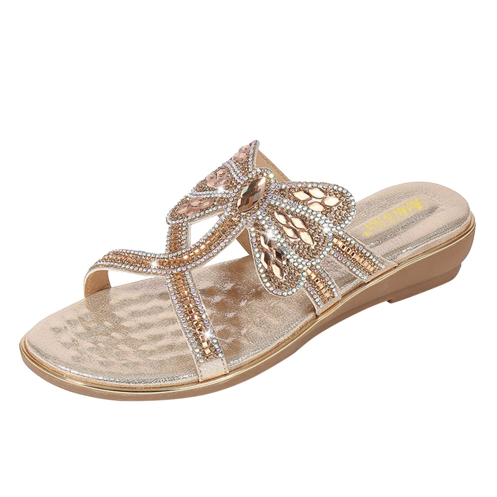 Amiley Women's Bohemian Crystal Rhinestone Butterfly Flat Sandals - Slip On Beach Shoes for Summer | Casual Walking, Vacation, Outdoor & Party Wear