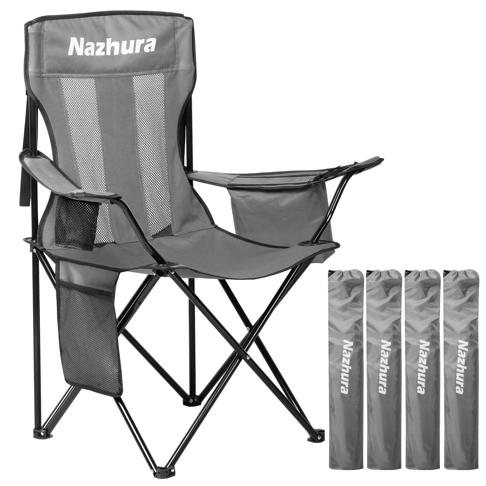 Nazhura 4 Pack Outdoor Camping Chairs - Foldable Portable Chairs with Cooler Pouch, Mesh Backrest & Cup Holder - Perfect for Beach, Picnic, Backyard & Tailgating (Grey, 4 Pack)