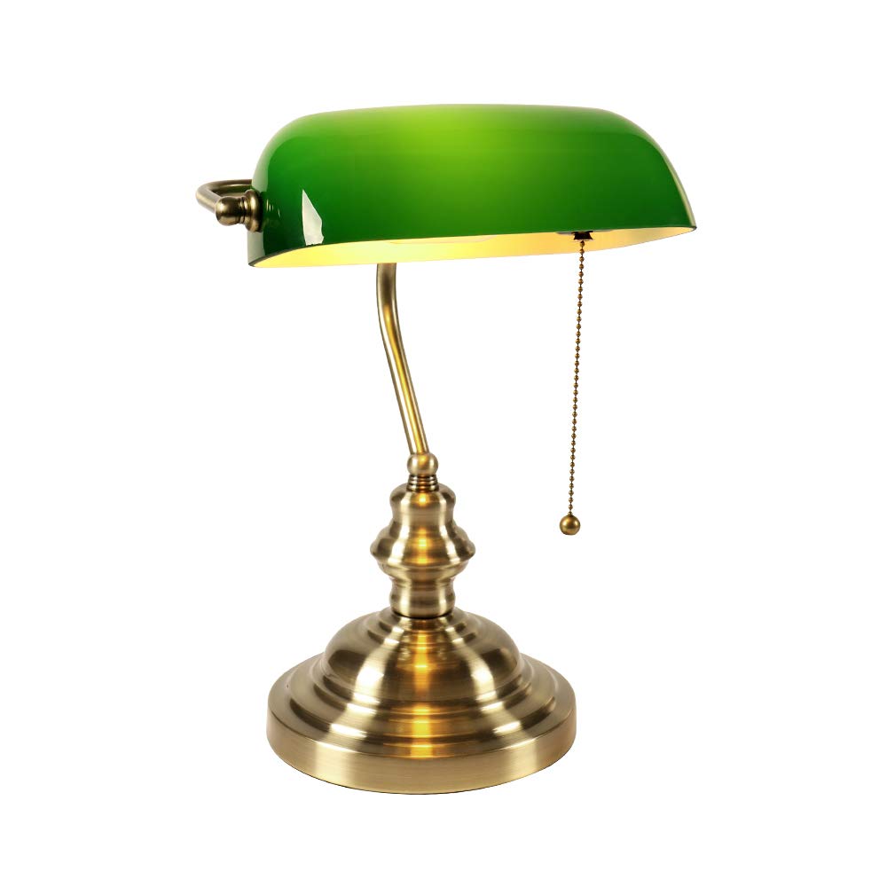 Newrays Vintage Green Glass Bankers Desk Lamp with Pull Chain Switch - Plug in Light Fixture for Home Office, Study, Library & Reading Nook