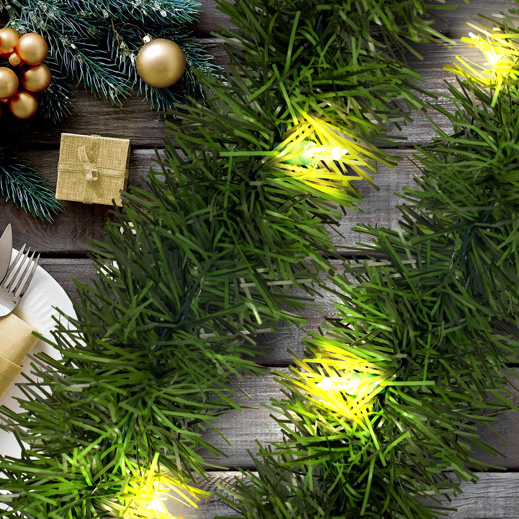 WATERGLIDE 49FT Pre-Lit Christmas Garland with 100 LED Lights - Green Artificial Holiday Greenery Decor for Indoor & Outdoor Use - Perfect for Fireplace Mantel, Staircase, Windows & Holiday Party Decorations