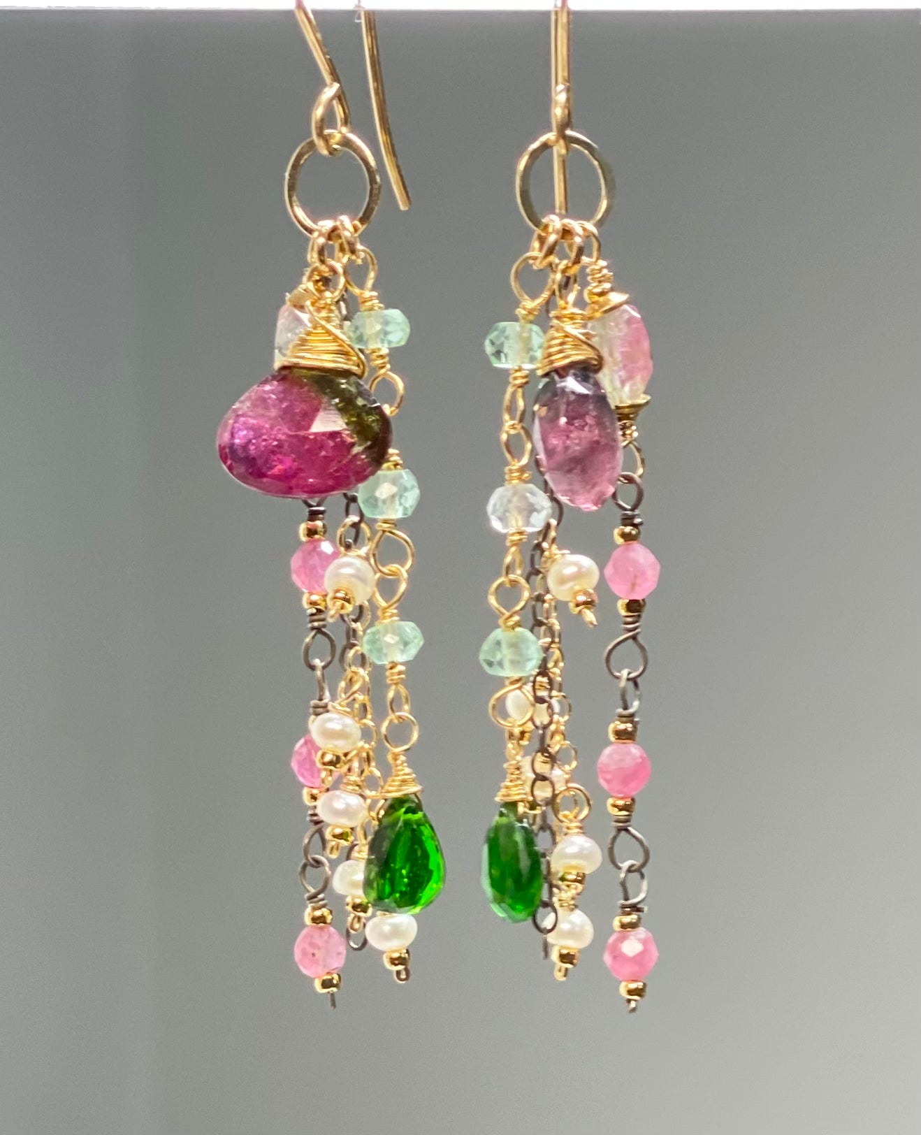 Bicolor Rubellite Tourmaline Briolette and Mixed Metal Gemstone Dangle Earrings – Handmade Jewelry for Women, Gift for Her, Perfect for Parties, Weddings & Special Occasions