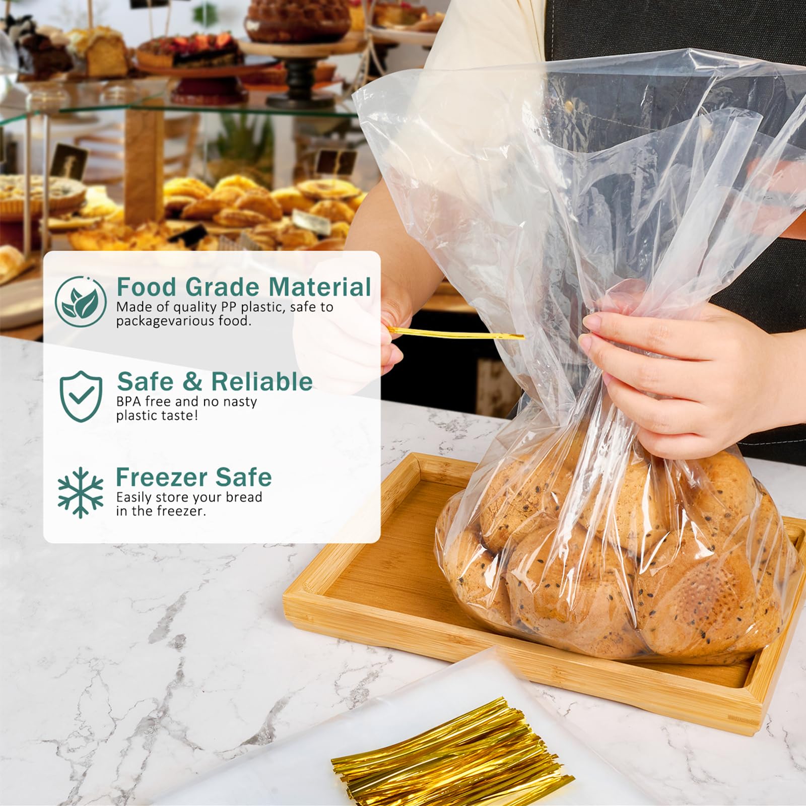 Ocmoiy Clear Plastic Bread Bags with Ties for Homemade Bread & Bakery Storage - 8