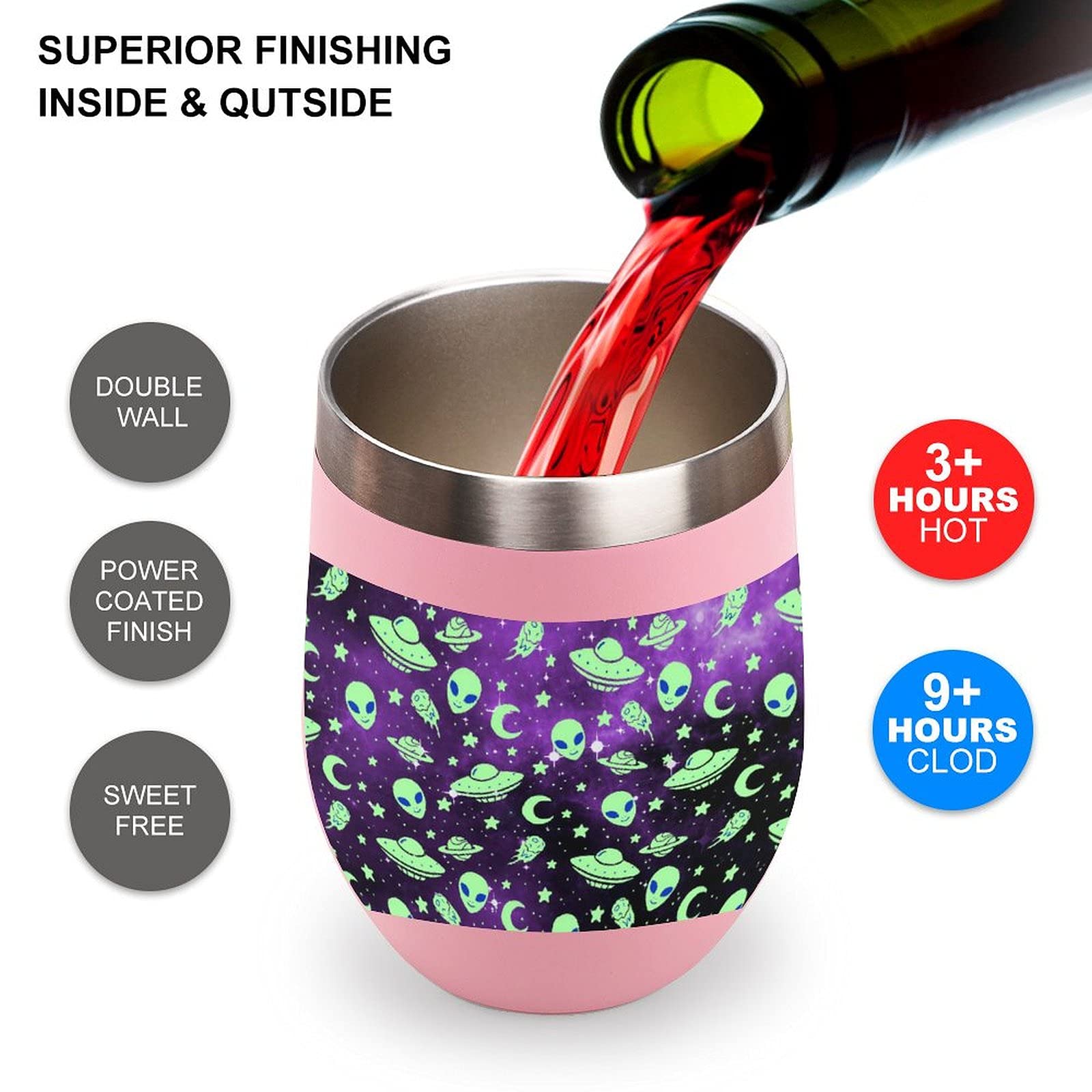 Galaxy Alien Vacuum Insulated Wine Tumbler - Stainless Steel Travel Cup for Coffee & Wine On-the-Go