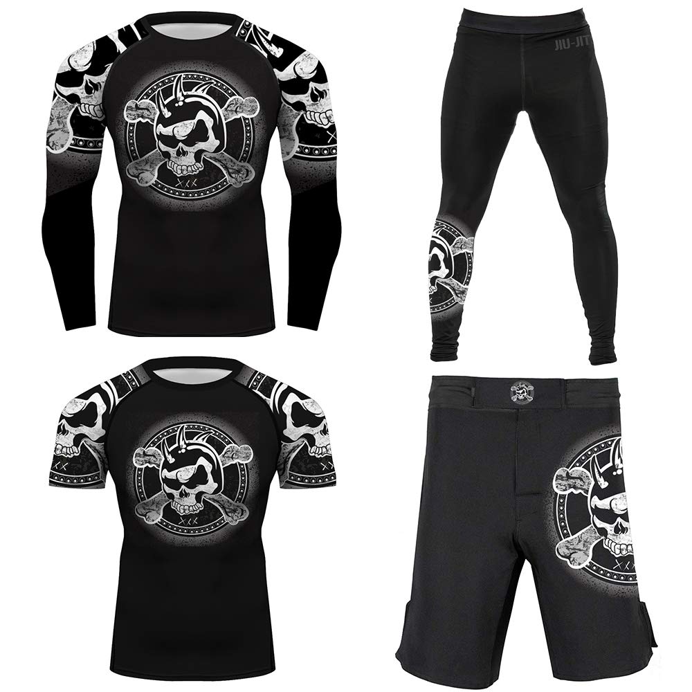 CHOO Men's Skull Crossbones Jiu Jitsu No Gi Undershirt & Base Layer Pants Set - MMA, BJJ Training & Grappling Workout Gear for Martial Arts (Small)