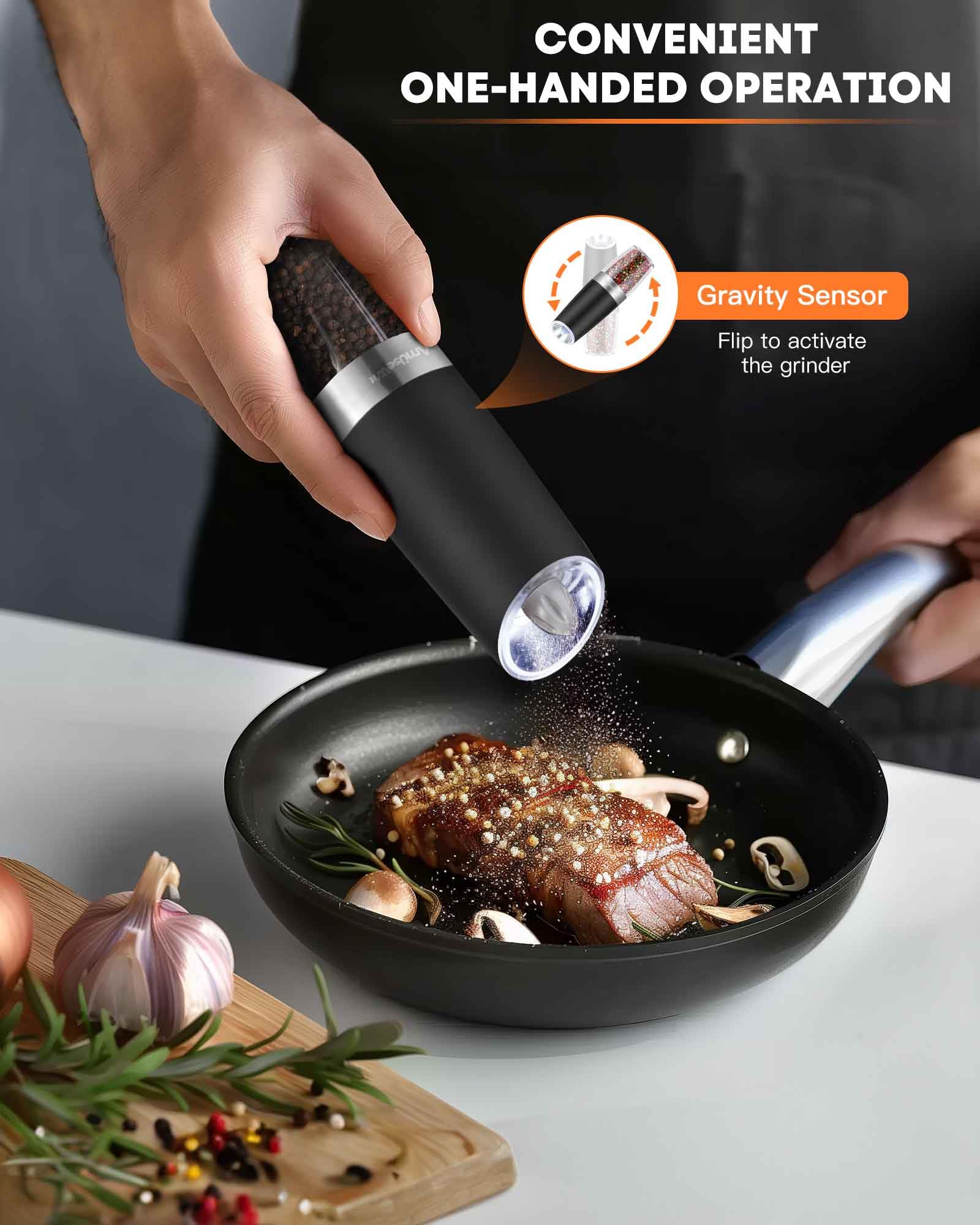 AmuseWit 2-Pack Electric Gravity Salt and Pepper Grinder Set - Battery Operated, Adjustable Coarseness, One-Hand Operation with LED Light (Black) - Perfect for Kitchen, Dining Table, Camping & Gifts