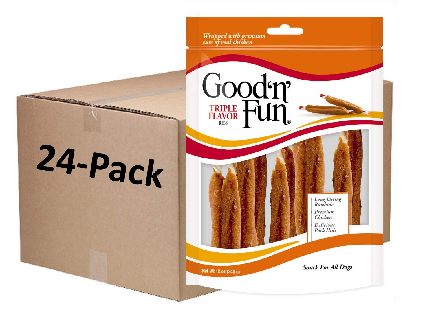 Good 'n' Fun Triple Flavor Rawhide Dog Chews - 12oz (24 Pack Case) | All-Natural, Long-Lasting Dental Treats for Small, Medium & Large Dogs | Perfect for Training, Teething & Anxiety Relief