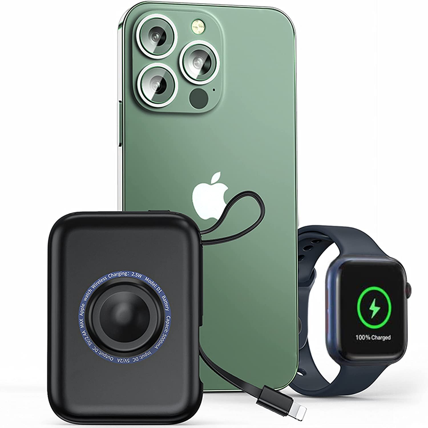 HUOTO 5000mAh Magnetic Portable Charger for Apple Watch - Mini Power Bank with Charging Cable, Compatible with iPhone 11/12/13, AirPods & Smartphones - Perfect for Travel, Workouts & Outdoor Activities