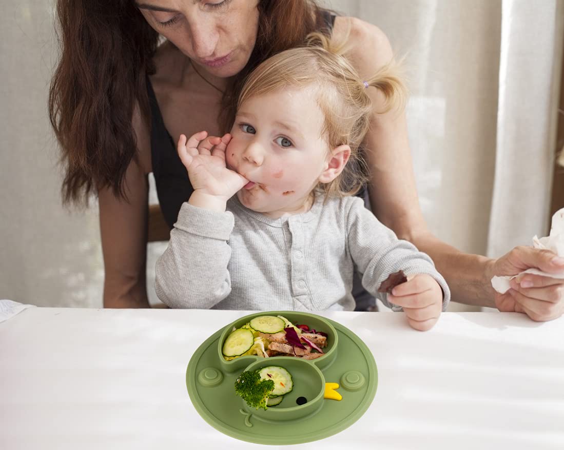 Non-Slip Silicone Divided Baby Plate with Suction Base | BPA-Free, Microwave & Dishwasher Safe | Portable Feeding Tray for Infants, Toddlers & Kids | Perfect for Highchair, Travel & Mess-Free Meals (Duck-Endive Design)