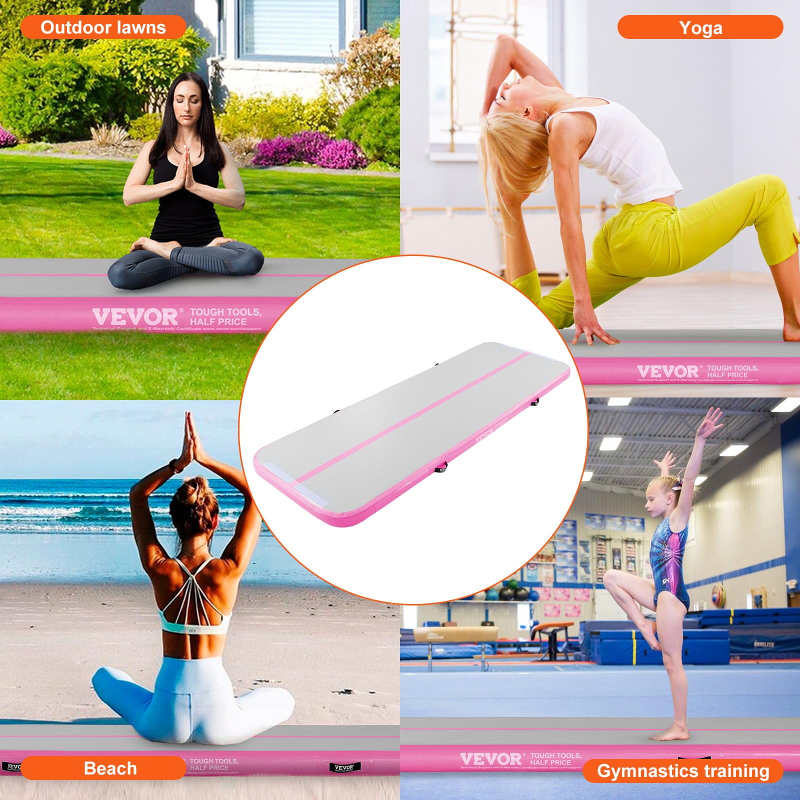 VEVOR Inflatable Gymnastics Air Mat with Electric Pump - Portable Training Mat for Home Gym, Yoga, Cheerleading | Perfect for Indoor Exercise, Outdoor Beach & Park Activities, Water Sports