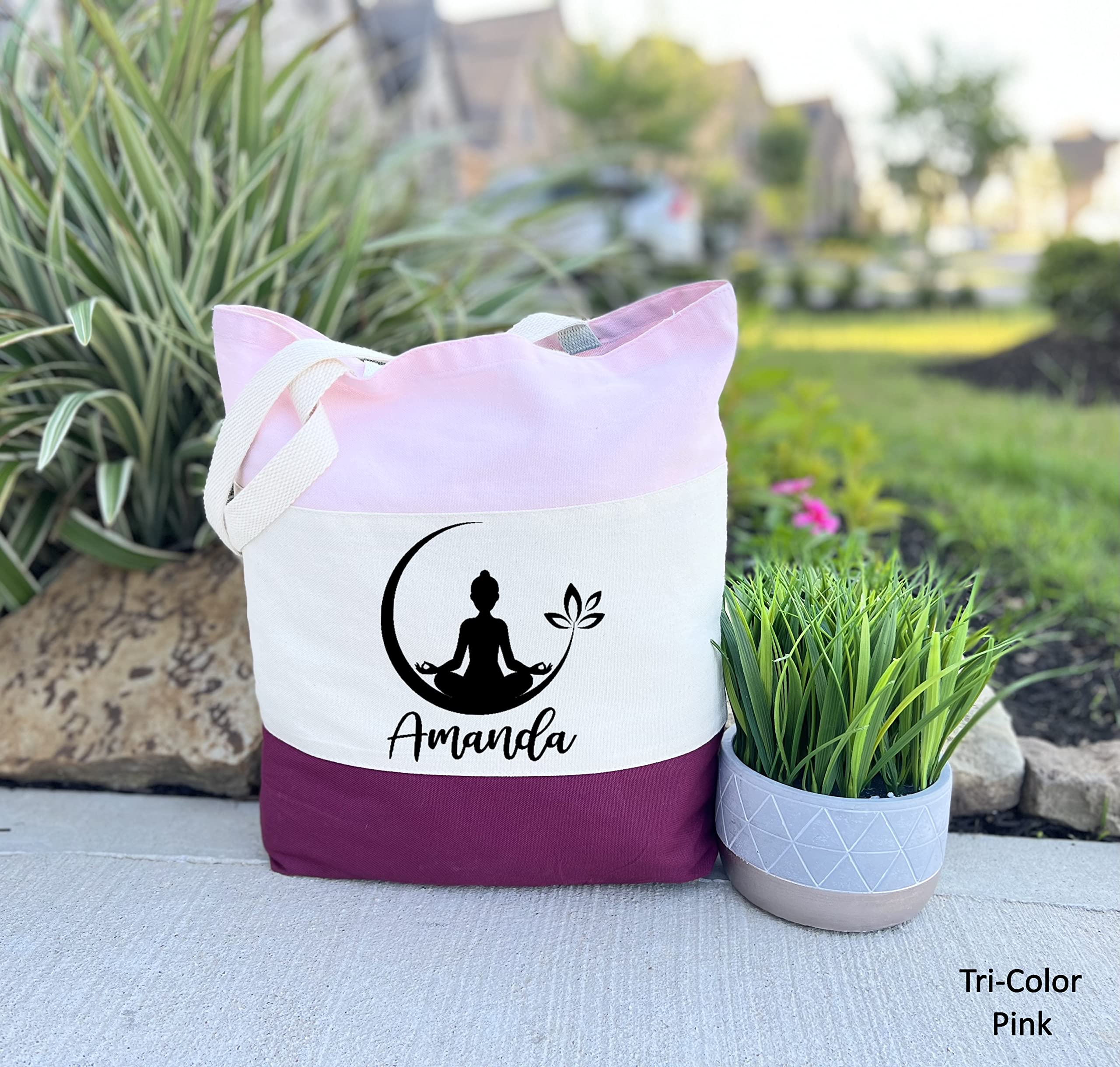Custom Personalized Yoga Tote Bag with Name - Tri-Color Pink Yoga Lover Gift for Women (15