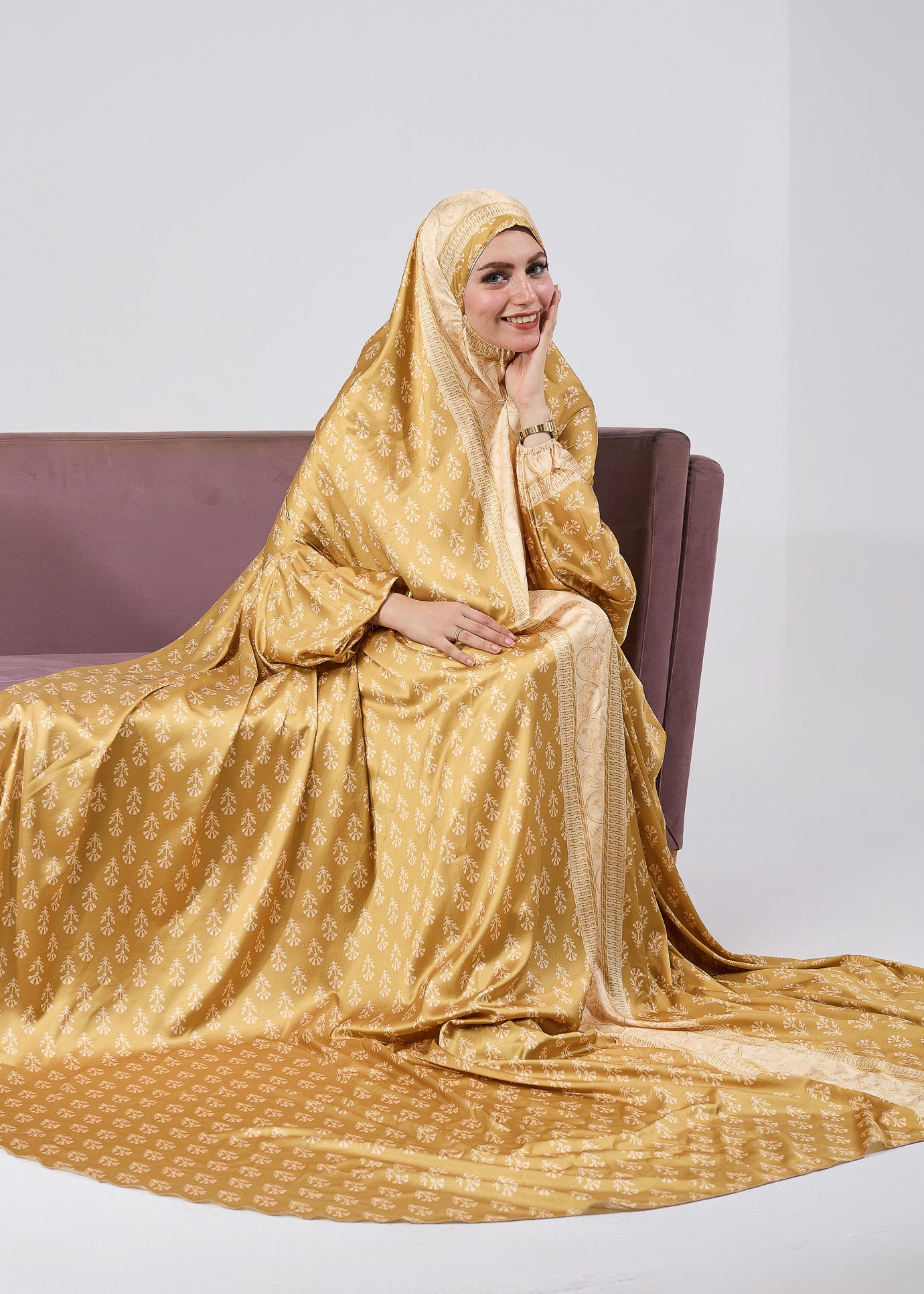 Bahija Luxurious Satin Prayer Gown - Golden Floral Print Islamic Dress for Women | Perfect for Salah, Eid, Ramadan & Special Occasions
