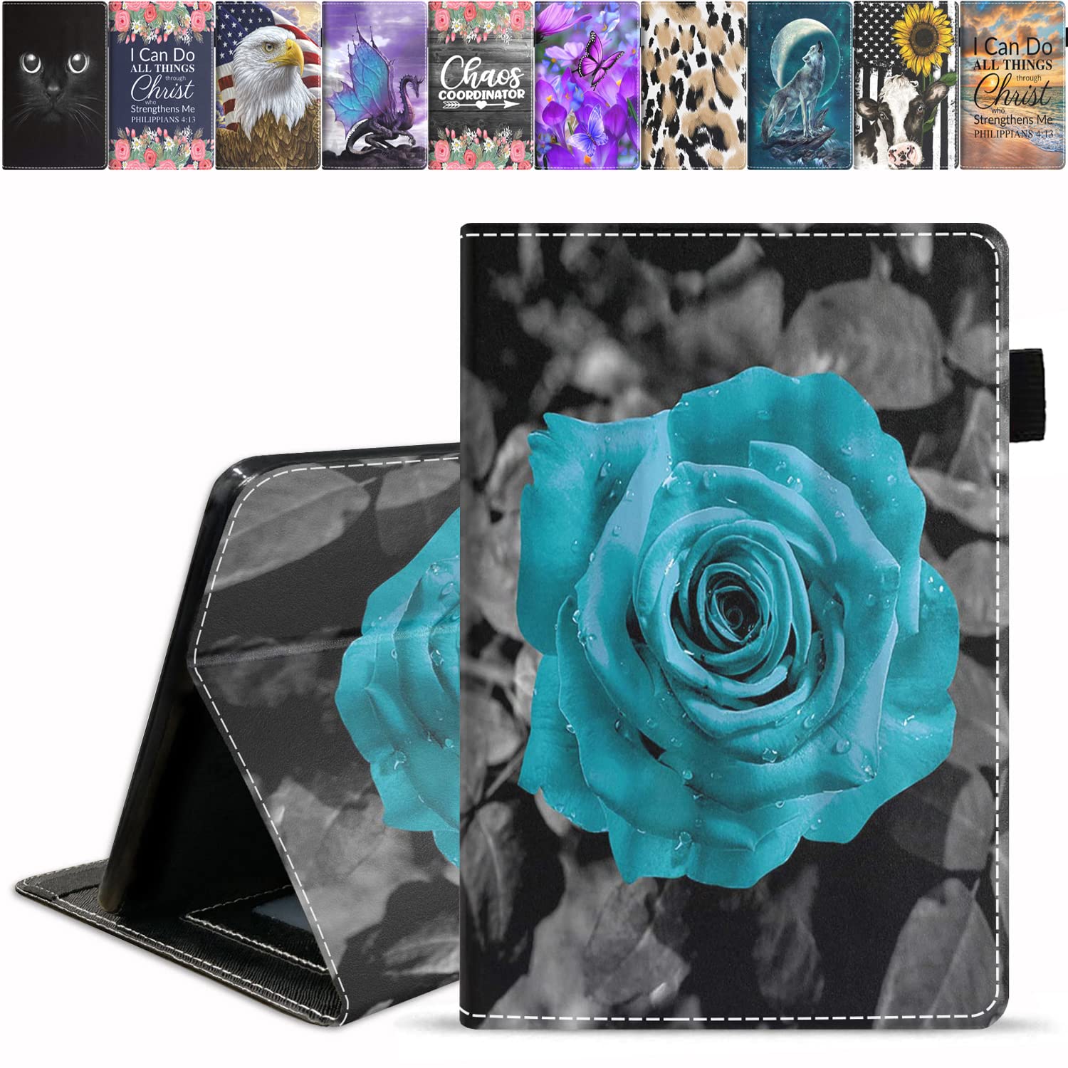 Premium PU Leather Case for Amazon Fire HD 10 Tablet 10.1 Inch (9th/7th Gen 2019/2017) - Slim Protective Cover with Card Slot & Pencil Holder, Cyan Rose - Perfect for Work, Travel & School Use