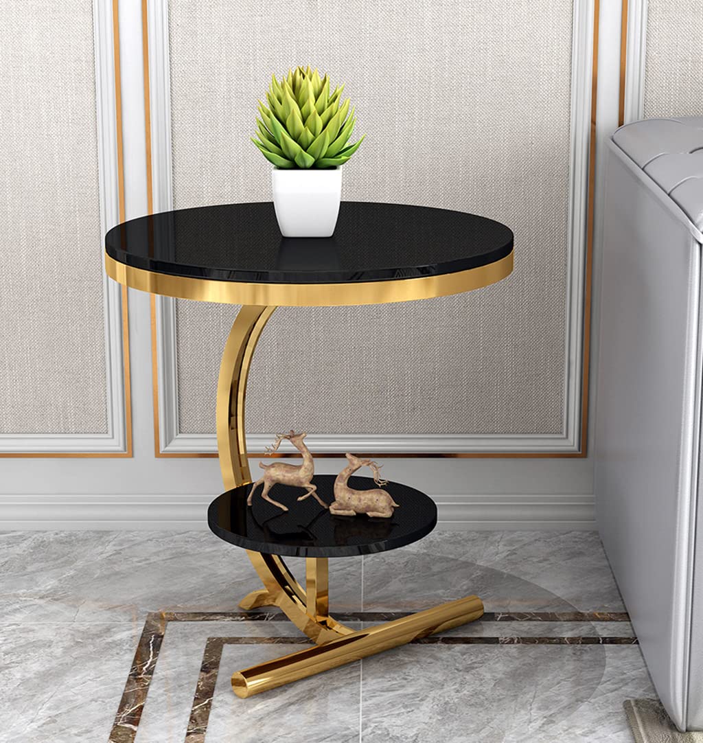 Premium 2-Tier Round Corner Tempered Glass Side Table - Luxury Sofa End Table for Living Room, Hotel & Bedside (Black & Gold) | Perfect for Small Spaces, Coffee Table Alternative & Modern Home Decor