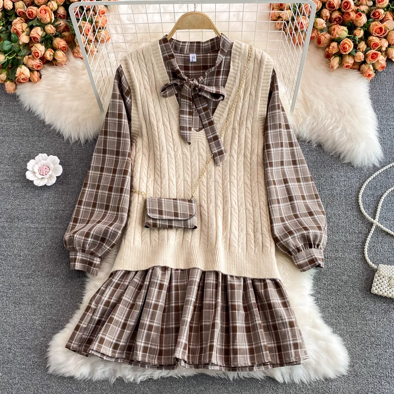 Korean Style Loose Plaid Midi Dress with Bowknot & Knit Sweater Vest 2-Piece Set 1394 | Casual Outfits for Women, Fall Winter Fashion, Date Night & Office Wear