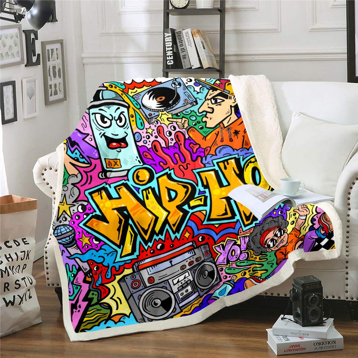 Hippie Graffiti Fleece Throw Blanket - Hip Hop Rock Sherpa Plush Blanket for Kids & Boys - 50x60 Inch Colorful Graffiti Pattern Watercolor Art Fuzzy Blanket - Perfect for Sofa, Bed, Couch & Home Decor - Cozy Gift for Music Lovers & Teen Rooms
