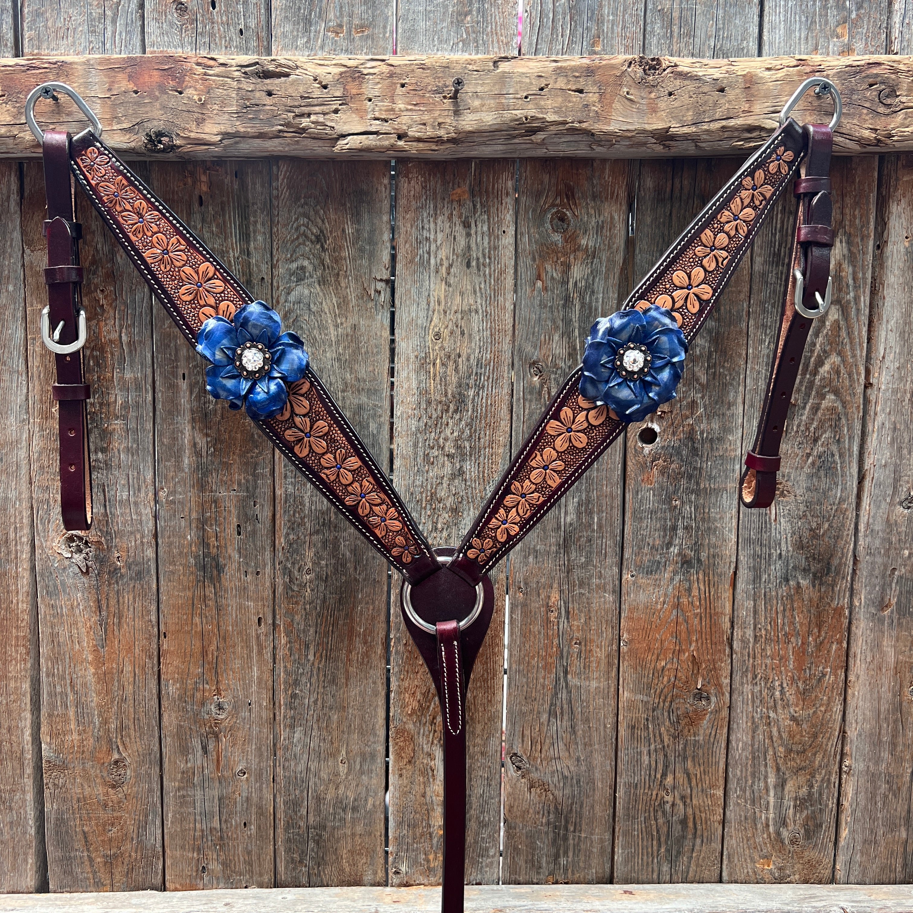 Floral Two-Tone Blue and Clear Crystal Browband & Breastcollar Horse Tack Set #BBBC623 - Perfect for Equestrian Shows, Dressage Competitions and Western Riding Events