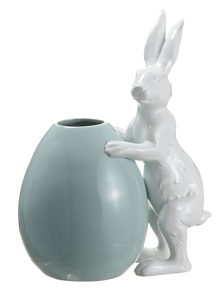 10.25-inch White Polyresin Bunny with Turquoise Egg - House of Silk Flowers - Easter Home Decor, Spring Centerpiece, Gift for Kids & Collectors