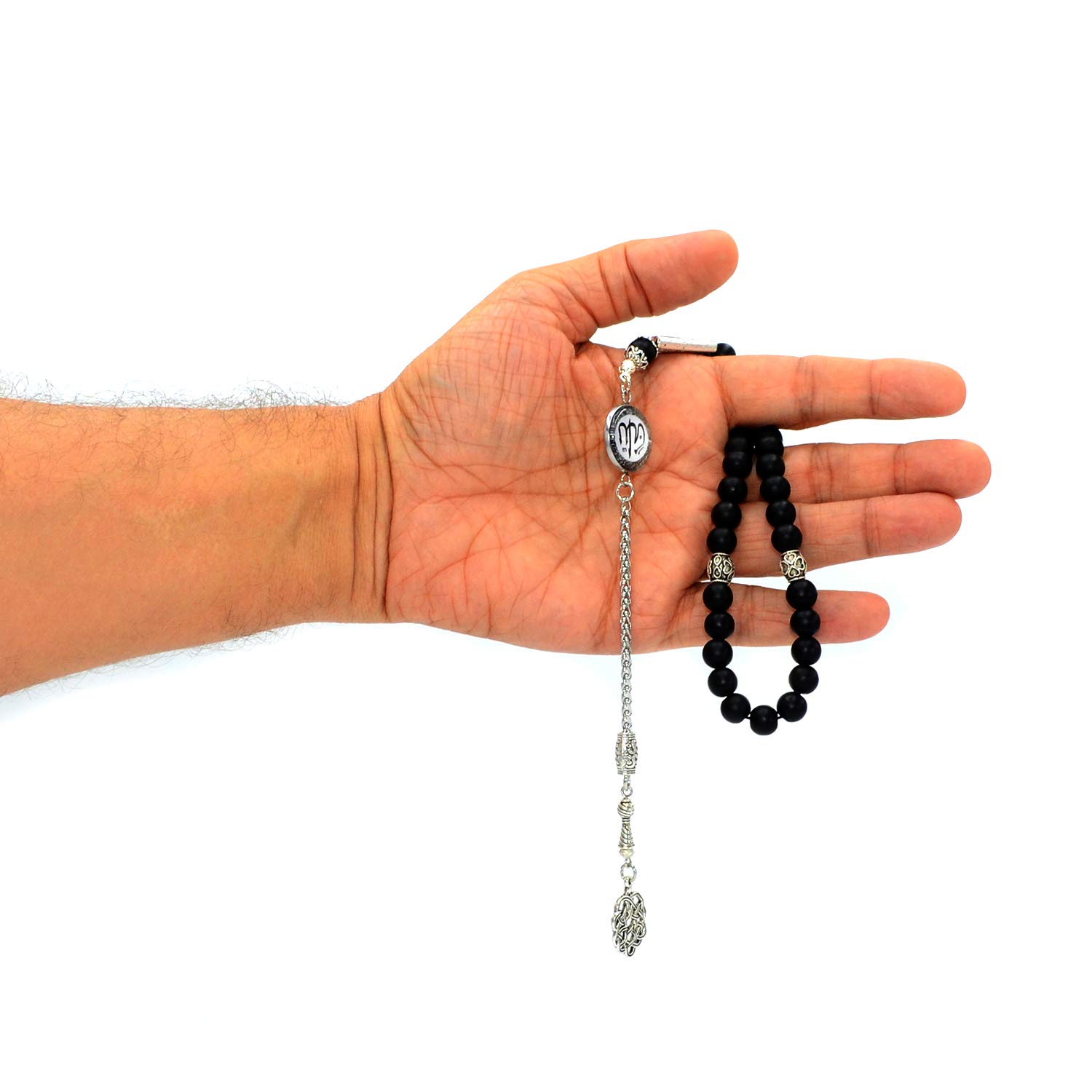 Premium Allah Tassel Worry Beads - 8mm Black Agate Stone Prayer Beads (33 Beads) - Islamic Tasbih, Misbaha, Rosary for Meditation, Stress Relief & Spiritual Practice
