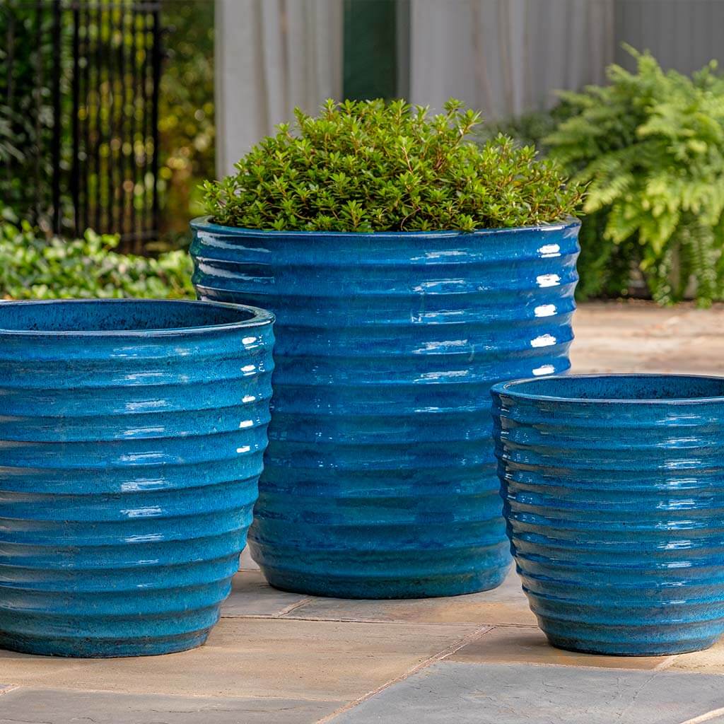 Campania International Linea Cerulean Blue Planter Set of 3 - Modern Flower Pots for Indoor & Outdoor Decor, Patio, Garden, and Home Office