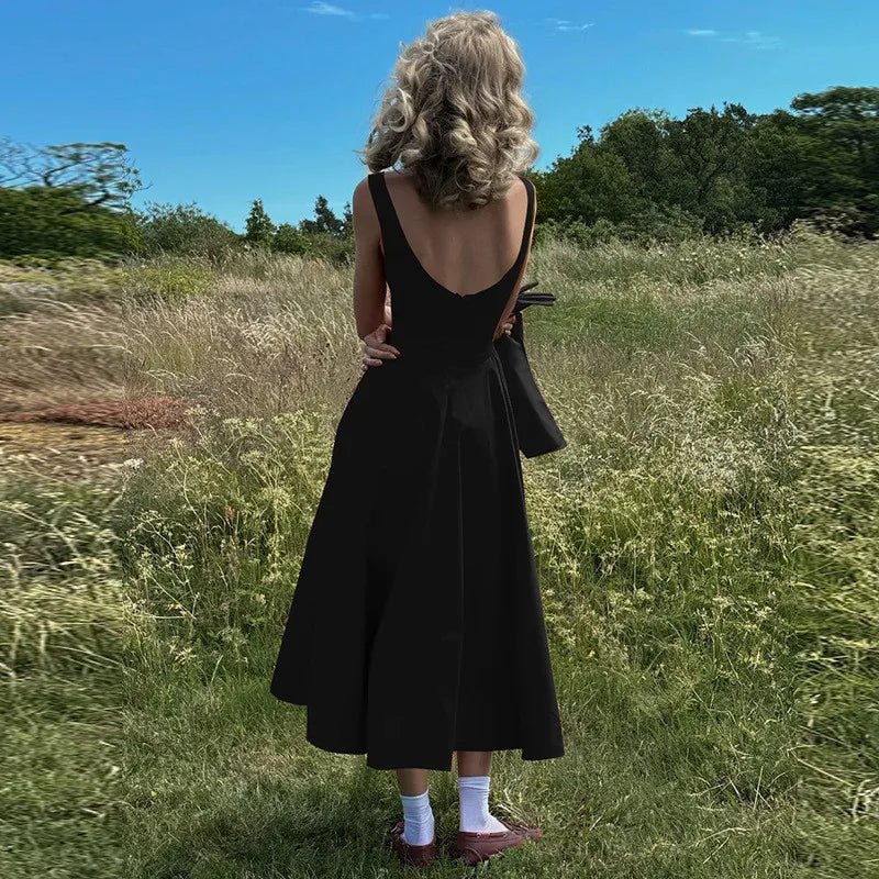 Elegant Backless A-Line Maxi Dress for Women - Solid Color O-Neck Sleeveless Long Gown with High Waist - Perfect for Beach Vacations, Summer Parties & Date Nights
