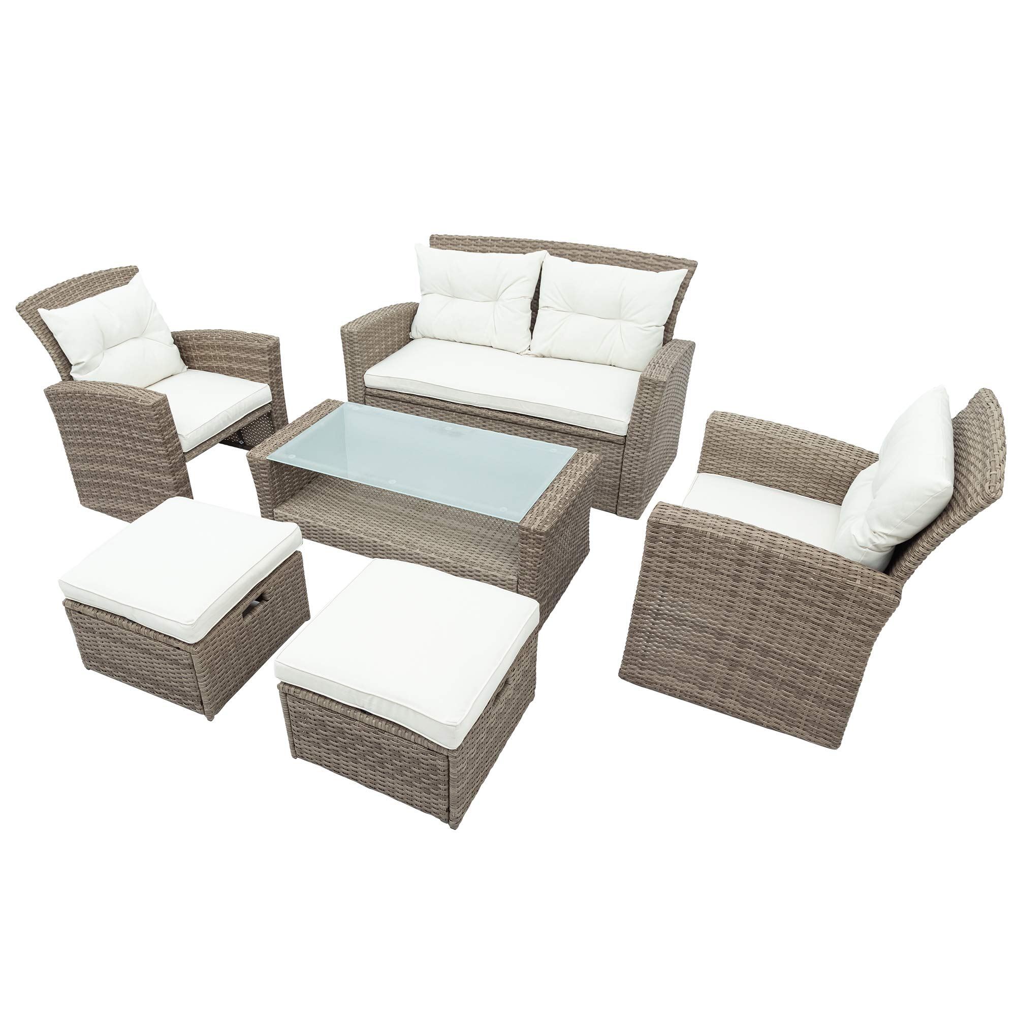 Danxee 4-Piece All-Weather Outdoor Patio Furniture Set with Ottoman - Wicker Rattan Sectional Sofa, Cushions & Glass Top Table - Beige - Perfect for Backyard, Garden, Poolside & Patio Relaxation