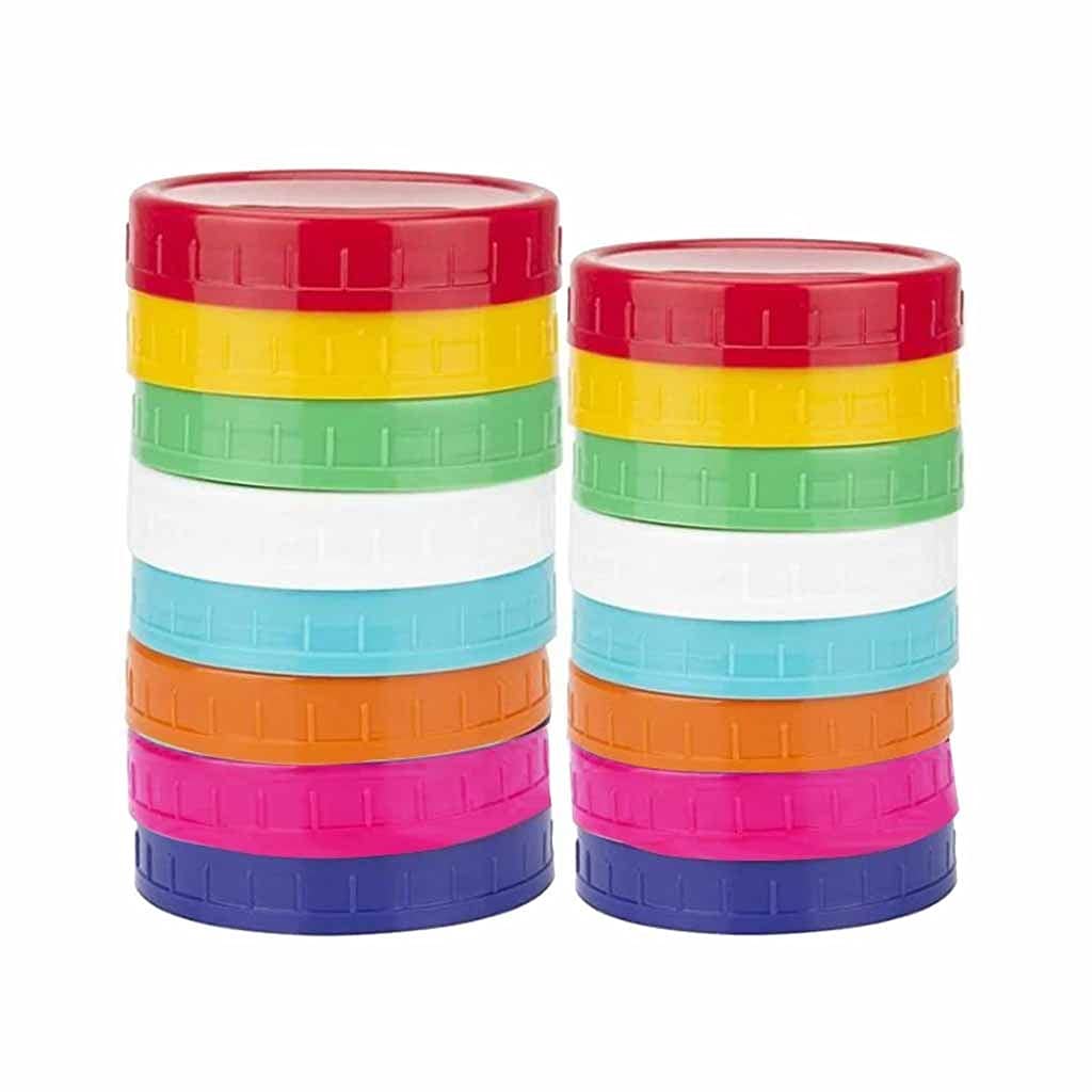 16 Pack Colored Plastic Mason Jar Lids - 8 Wide Mouth & 8 Regular Mouth Ball Canning Lids, Leak-Proof Food Storage Caps for Home Canning, Meal Prep, and Pantry Organization - BPA-Free & Durable Kitchen Accessories