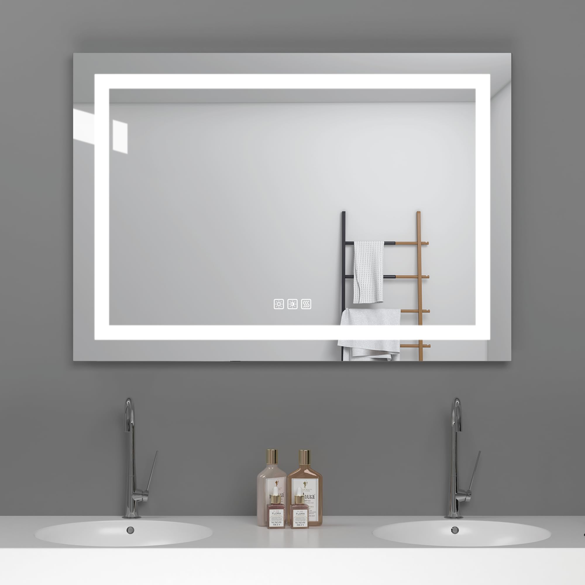 30X36 Inch LED Bathroom Mirror with Lights - Dimmable Anti-Fog Vanity Mirror with Memory Function, Front Lit Wall Mounted Mirror, Sand Matte White Finish & Waterproof Glass - Perfect for Makeup, Shaving & Home Decor