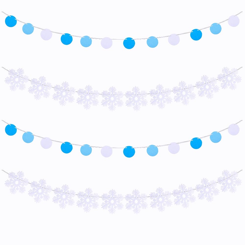 4 Pack White Snowflake Garland - Felt Circle Dot Winter Banner for DIY Christmas Party Decorations, Holiday Home Decor, and Seasonal Snowflake Themed Events