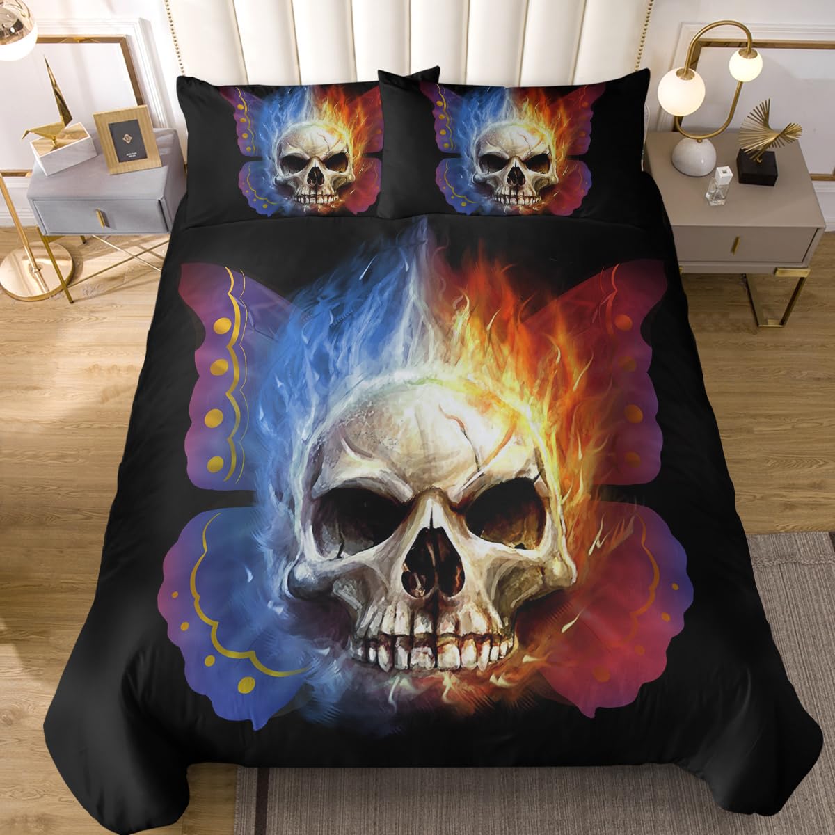 Sleepwish Skull Print Full Size Bedding Set for Boys - Fire Themed Duvet Cover with 2 Matching Pillowcases (Blue & Orange) - Perfect for Teen Bedrooms, Dorm Rooms & Gothic Decor