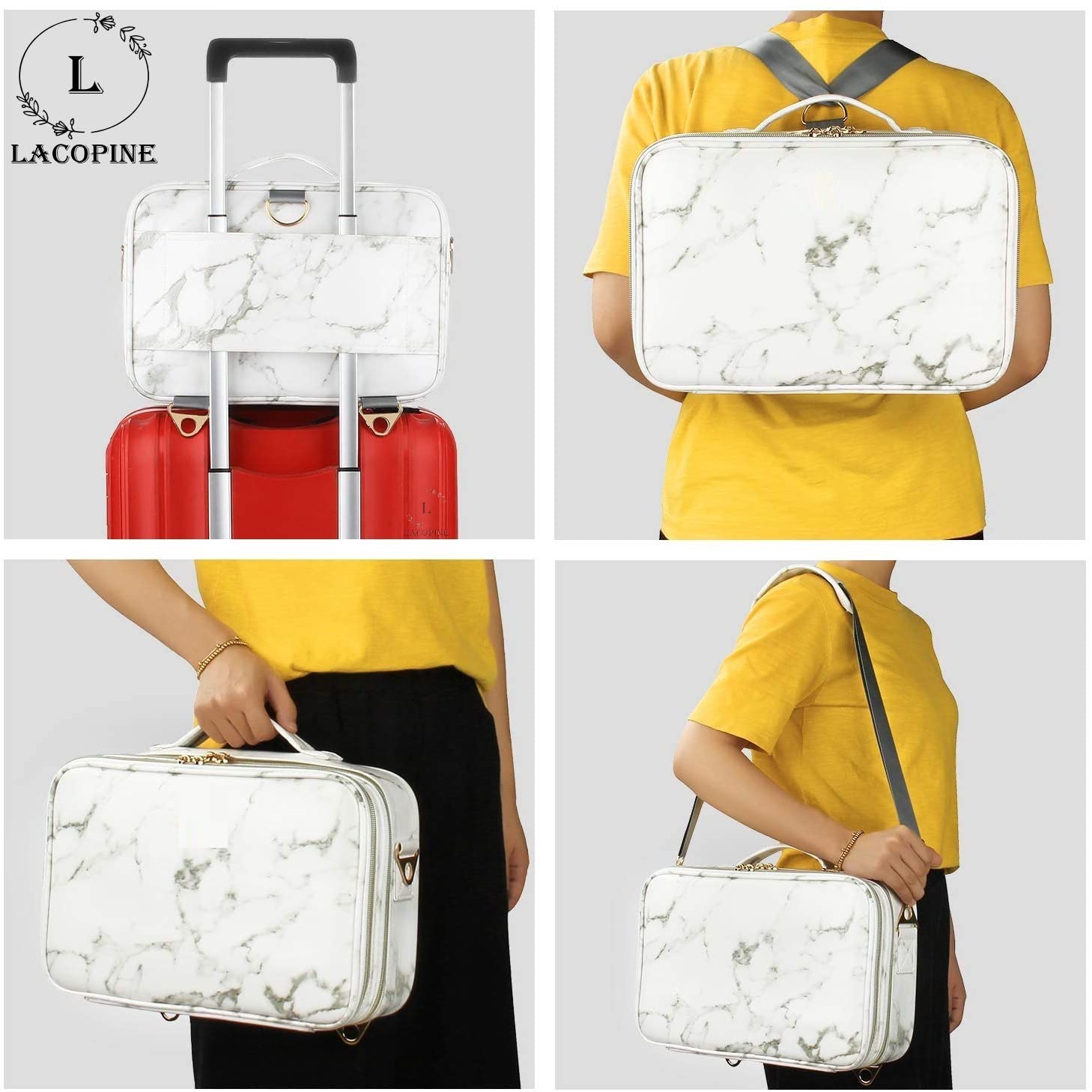 LACOPINE 28cm Large Nylon Makeup Organizer Bag - Travel Train Case with Adjustable Dividers for Cosmetics & Brushes - 18 Inch 2-Layer Portable Makeup Storage (White) | Perfect for Travel, Salon Professionals & Home Organization