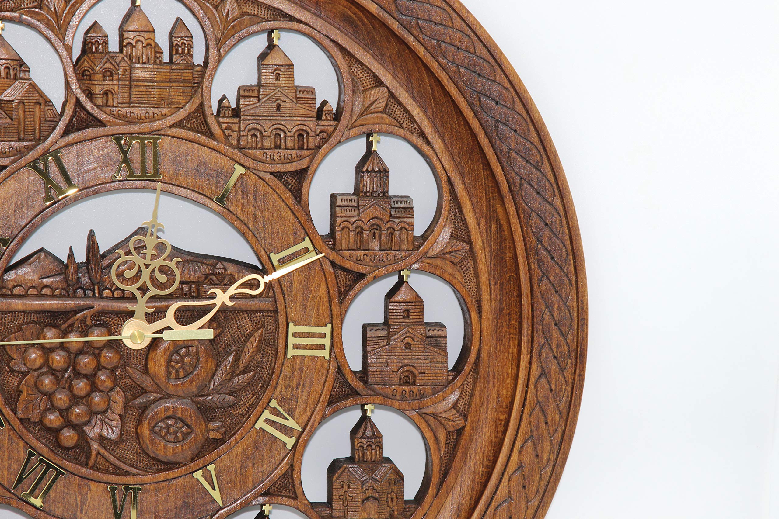 Handmade Wooden Wall Clock - Armenian Church & Mount Ararat Carved Decor - Unique Wood Art Gift for Home, Office & Church Decorations